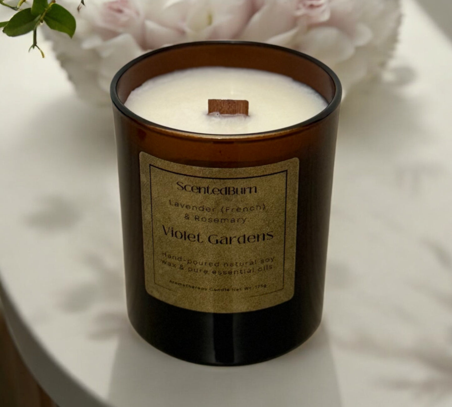 Violet Gardens Aromatherapy Candle | Coconut Soy Wood Wick 165g - Scented_Burn Candle Co.