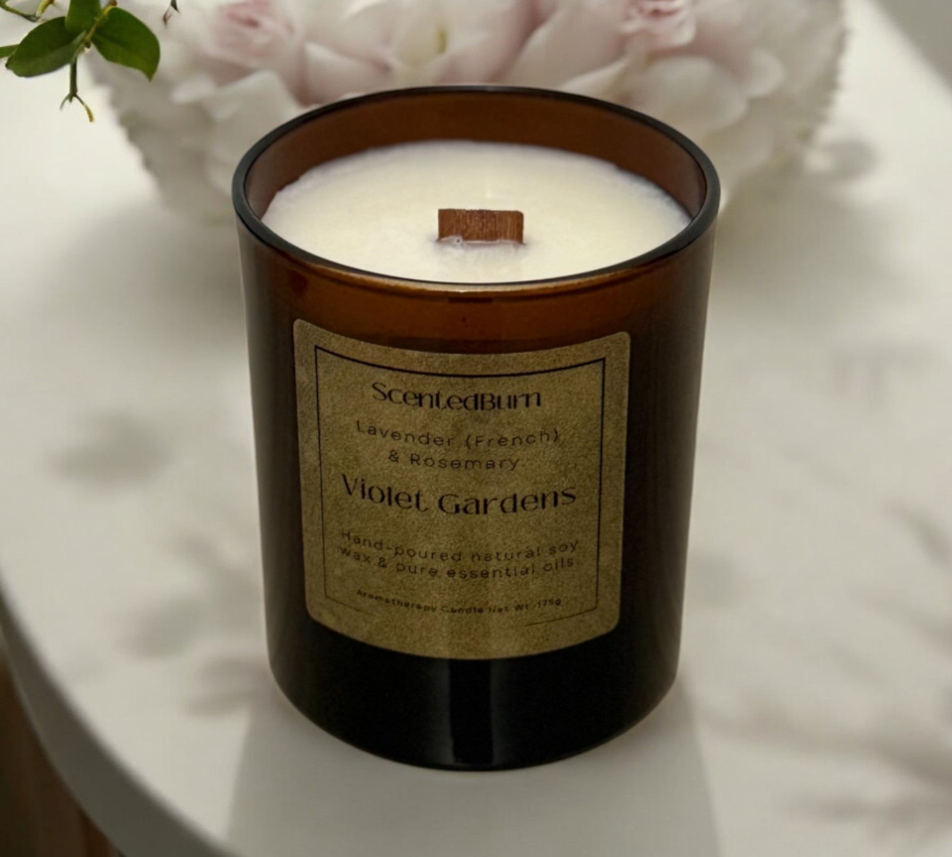Violet Gardens Aromatherapy Candle | Coconut Soy Wood Wick 165g - Scented_Burn Candle Co.