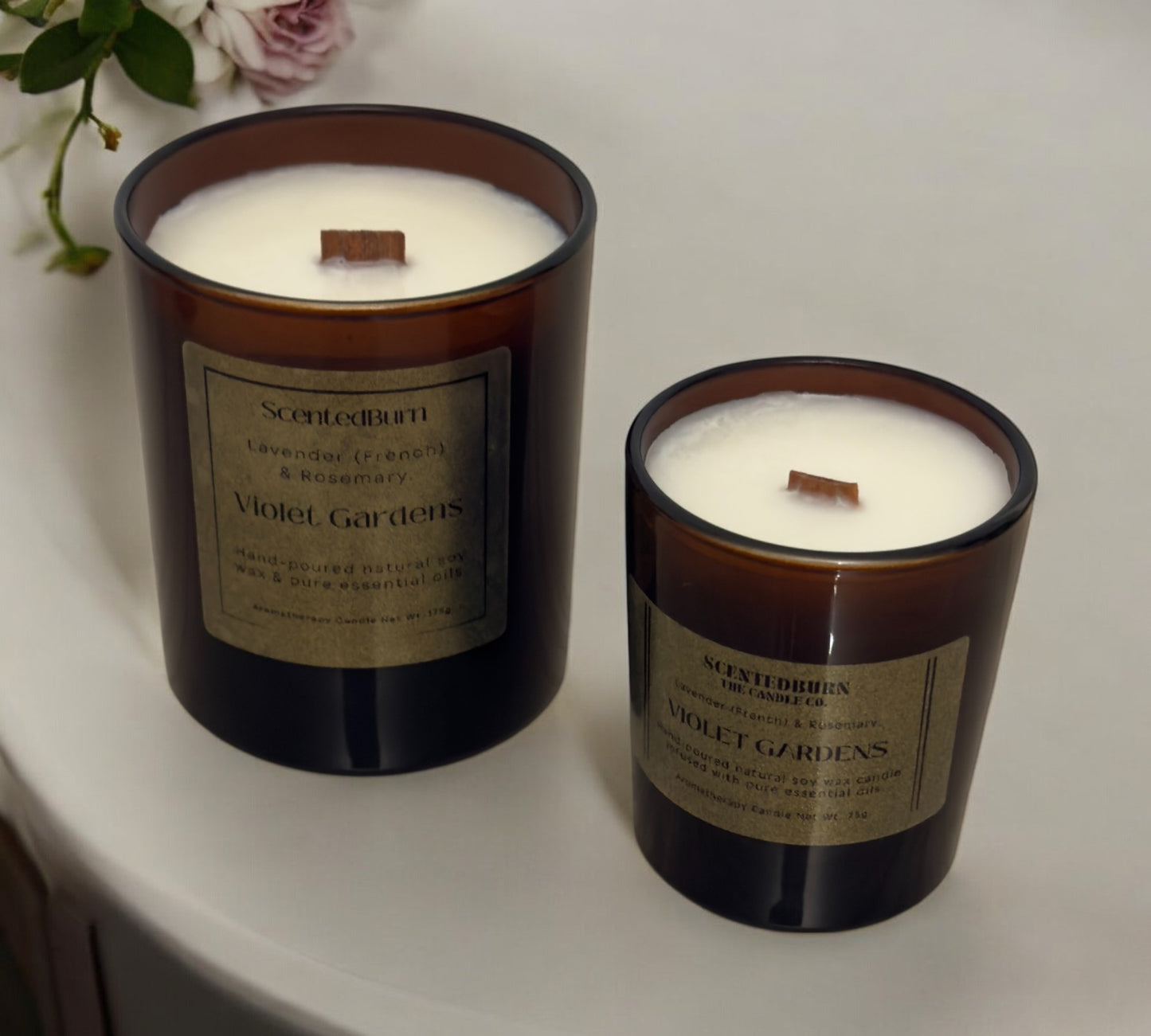 Violet Gardens Aromatherapy Candle | Coconut Soy Wood Wick 165g - Scented_Burn Candle Co.