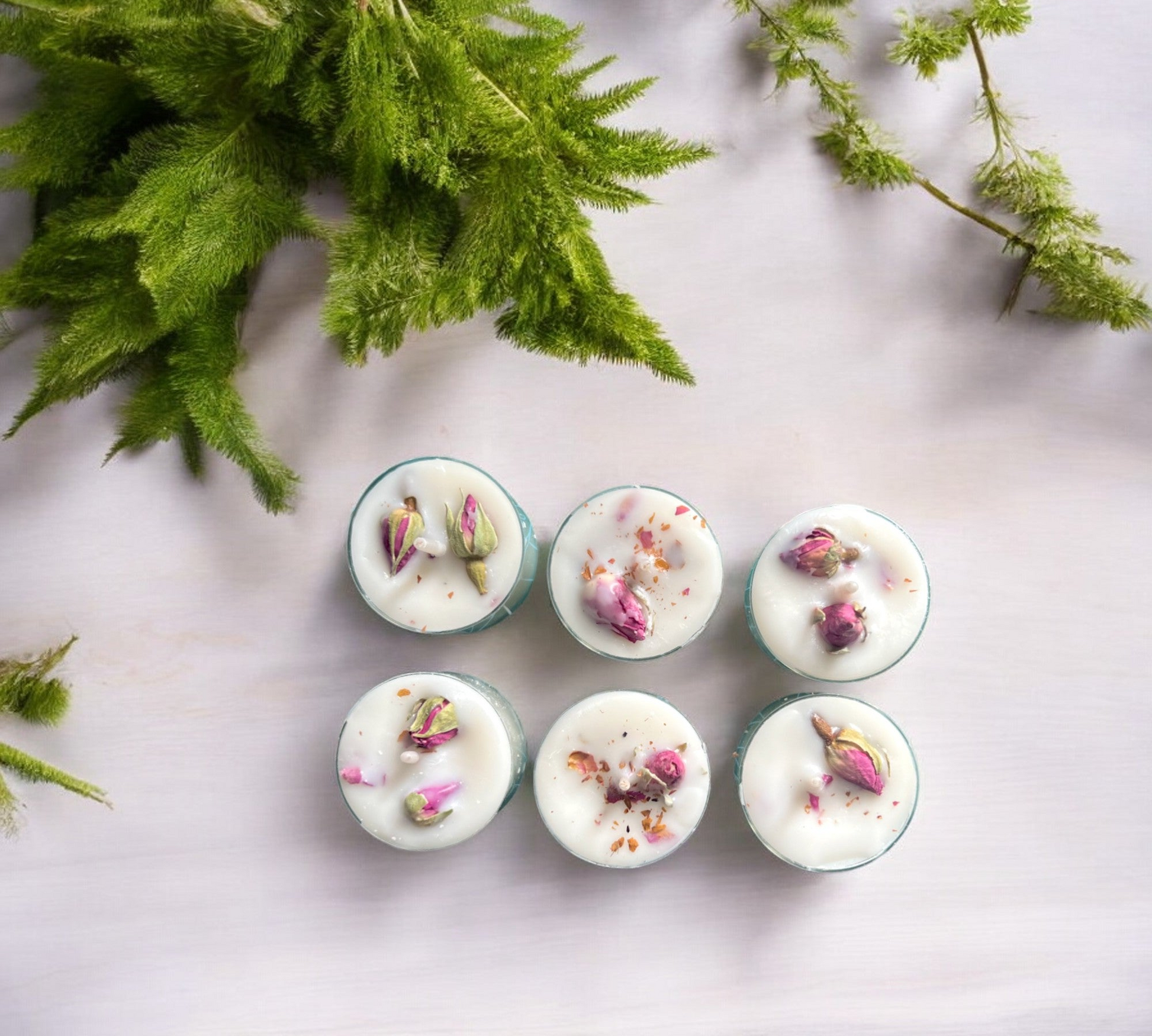 6 Dried Rosebuds Scented Tealights | Coconut & Soy Botanical Candles - Scented_Burn