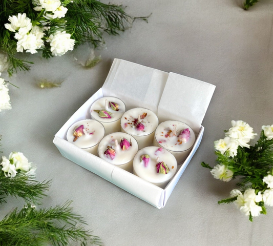 6 Dried Rosebuds Scented Tealights | Coconut & Soy Botanical Candles - Scented_Burn