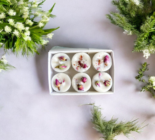 6 Dried Rosebuds Scented Tealights | Coconut & Soy Botanical Candles - Scented_Burn