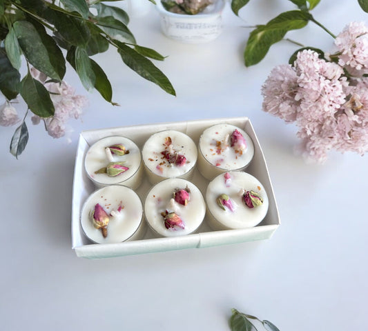 6 Dried Rosebuds Scented Tealights | Coconut & Soy Botanical Candles - Scented_Burn