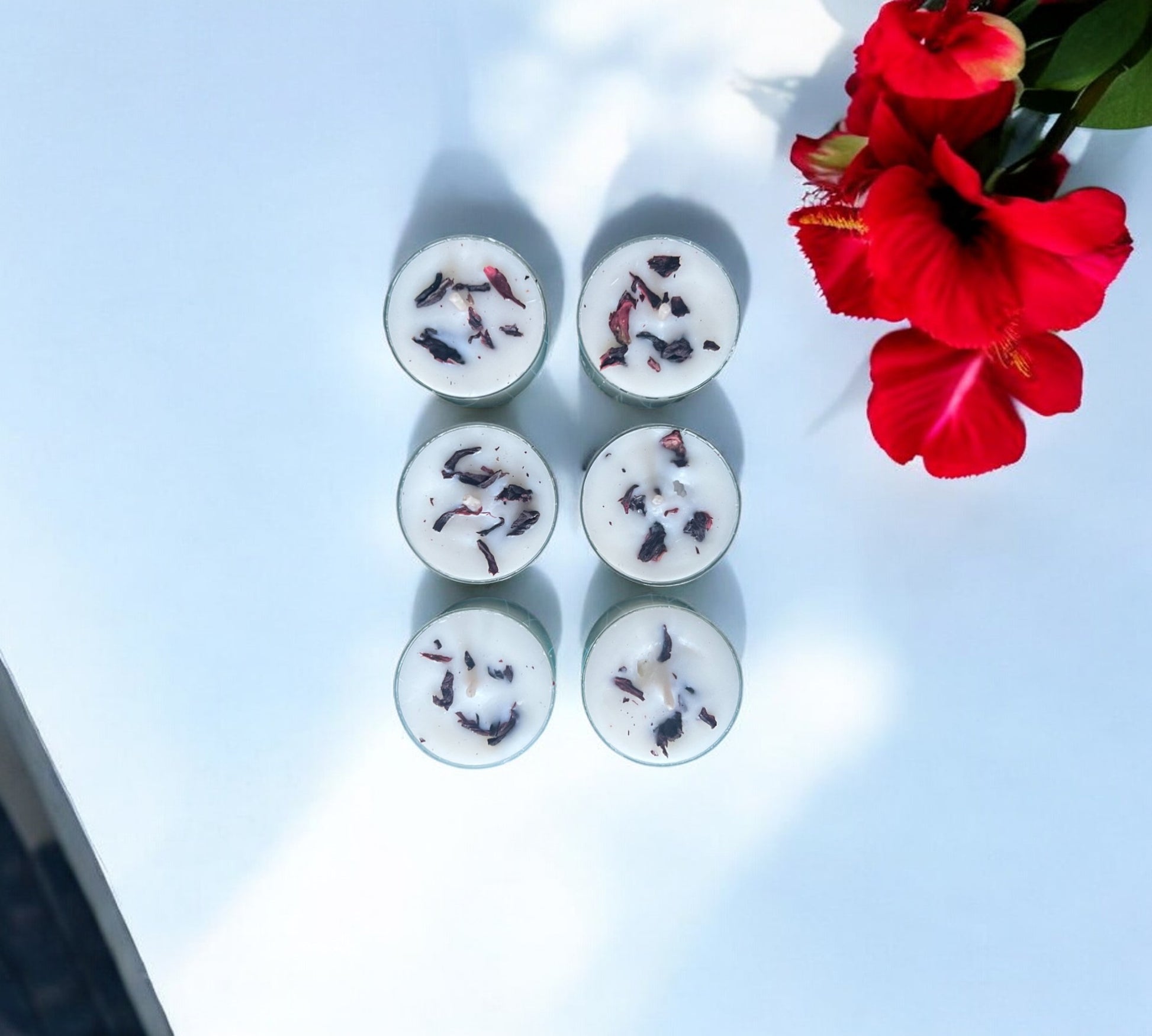 2 Dried Hibiscus Flowers Aromatherapy Tealights | Mineral Wax Botanical Candles - Scented_Burn