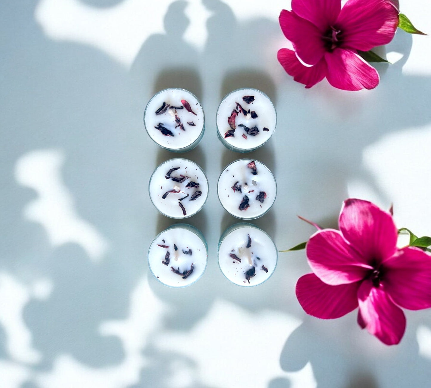 12 Dried Hibiscus Flowers Aromatherapy Tealights | Coconut & Rapeseed Botanical Candles - Scented_Burn