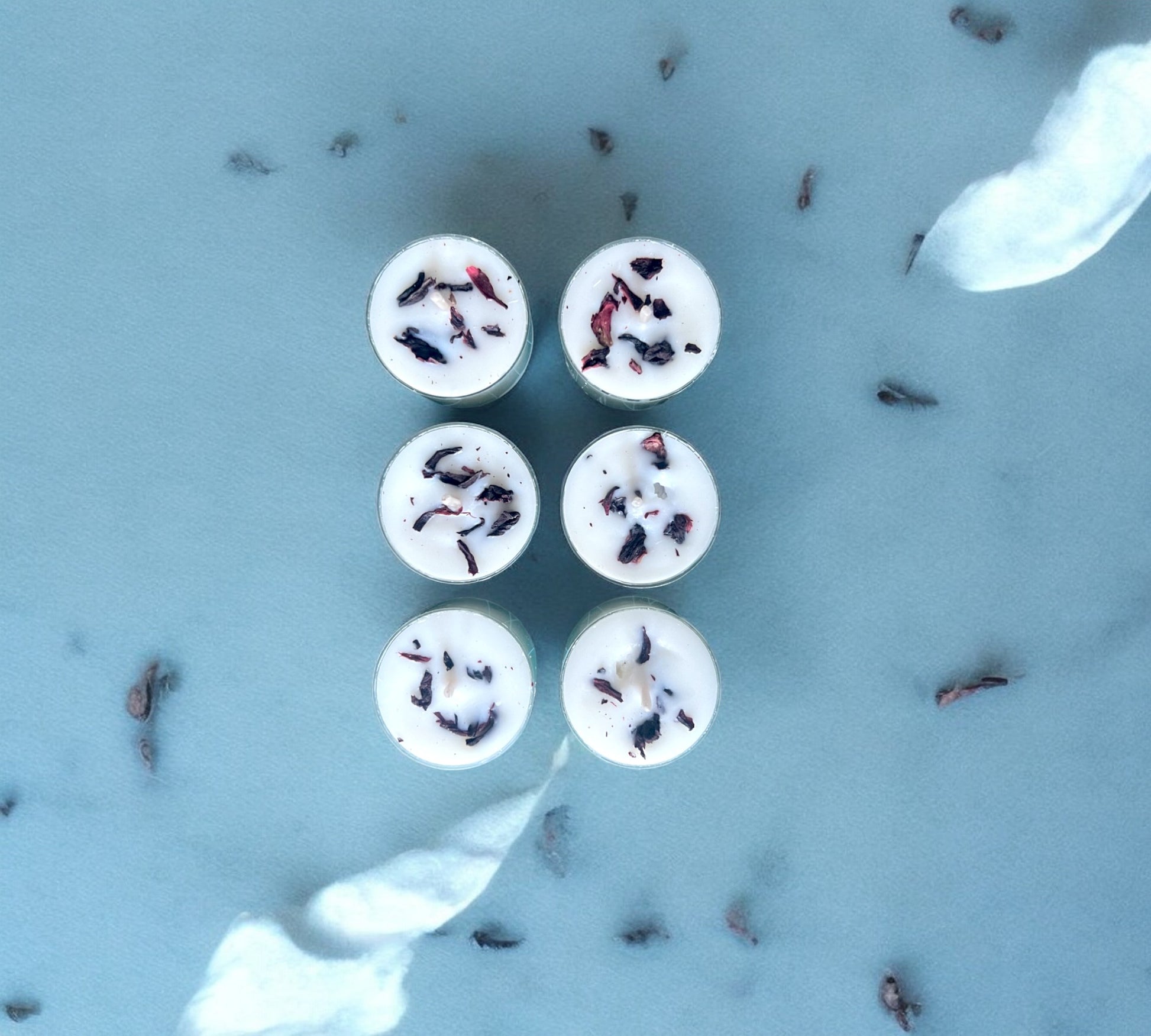 12 Dried Hibiscus Flowers Scented Tealights | Coconut & Soy Botanical Candles - Scented_Burn