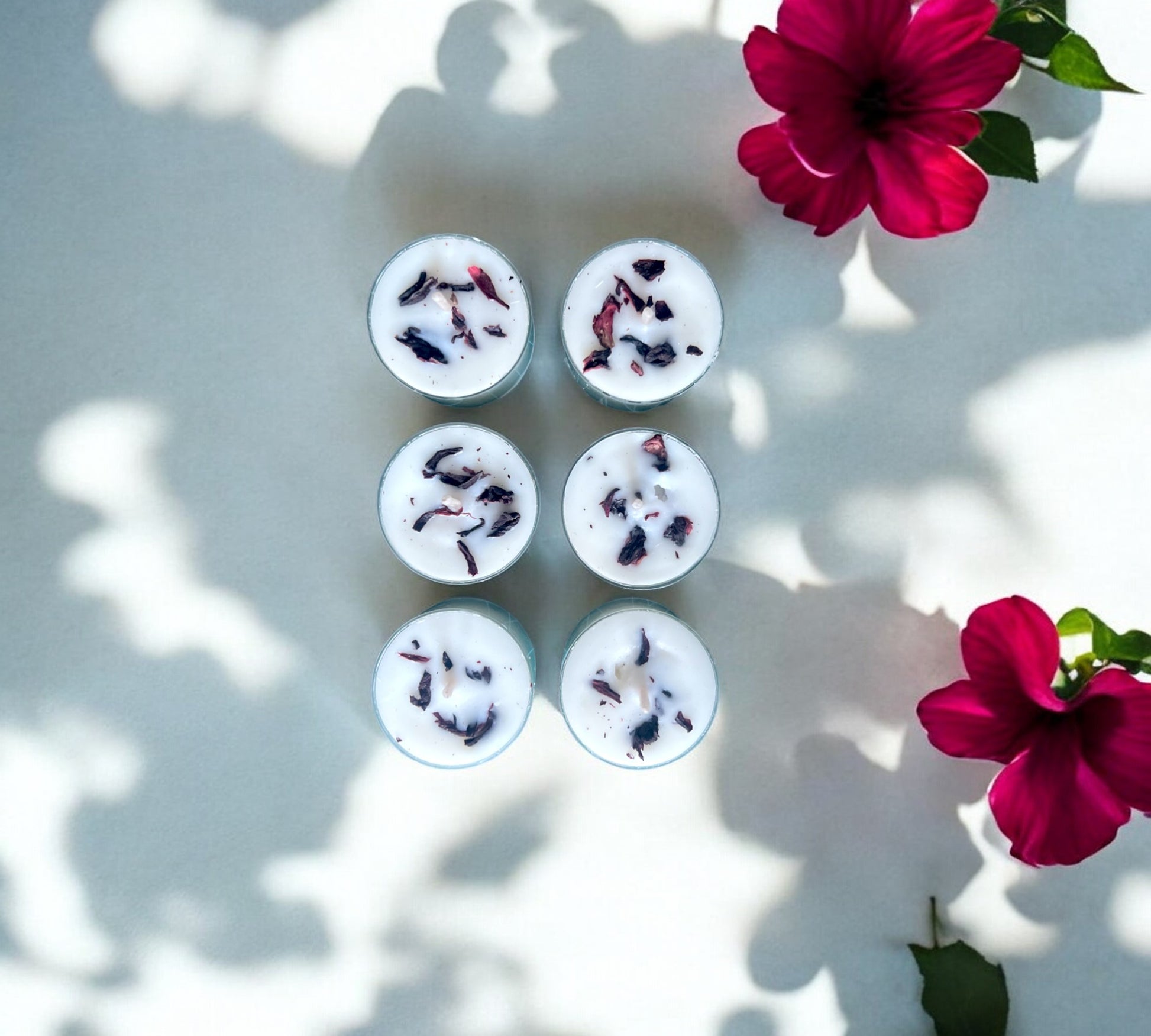12 Dried Hibiscus Flowers Aromatherapy Tealights | Mineral Wax Botanical Candles - Scented_Burn
