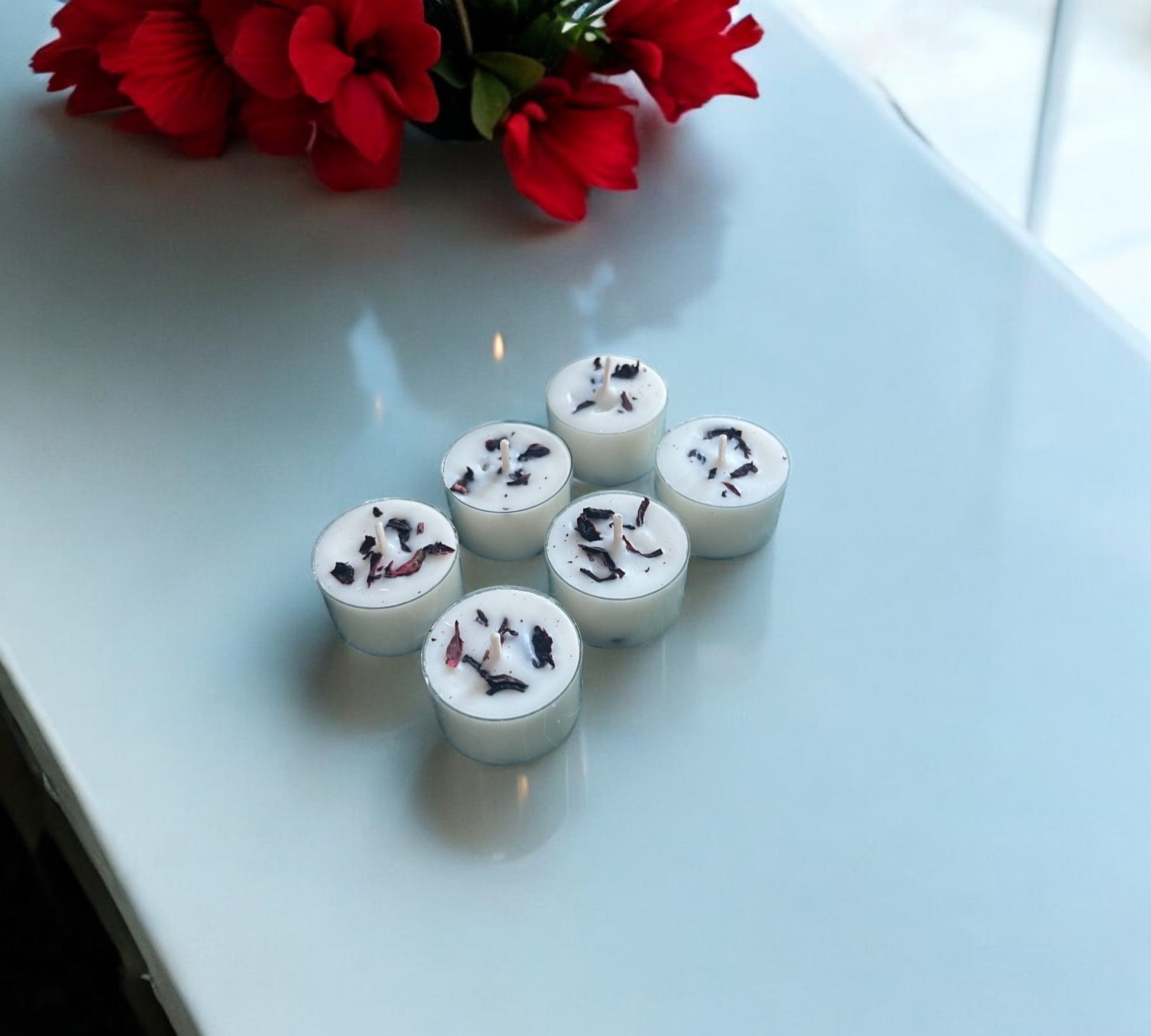 2 Dried Hibiscus Flowers Aromatherapy Tealights | Coconut & Rapeseed Botanical Candles - Scented_Burn