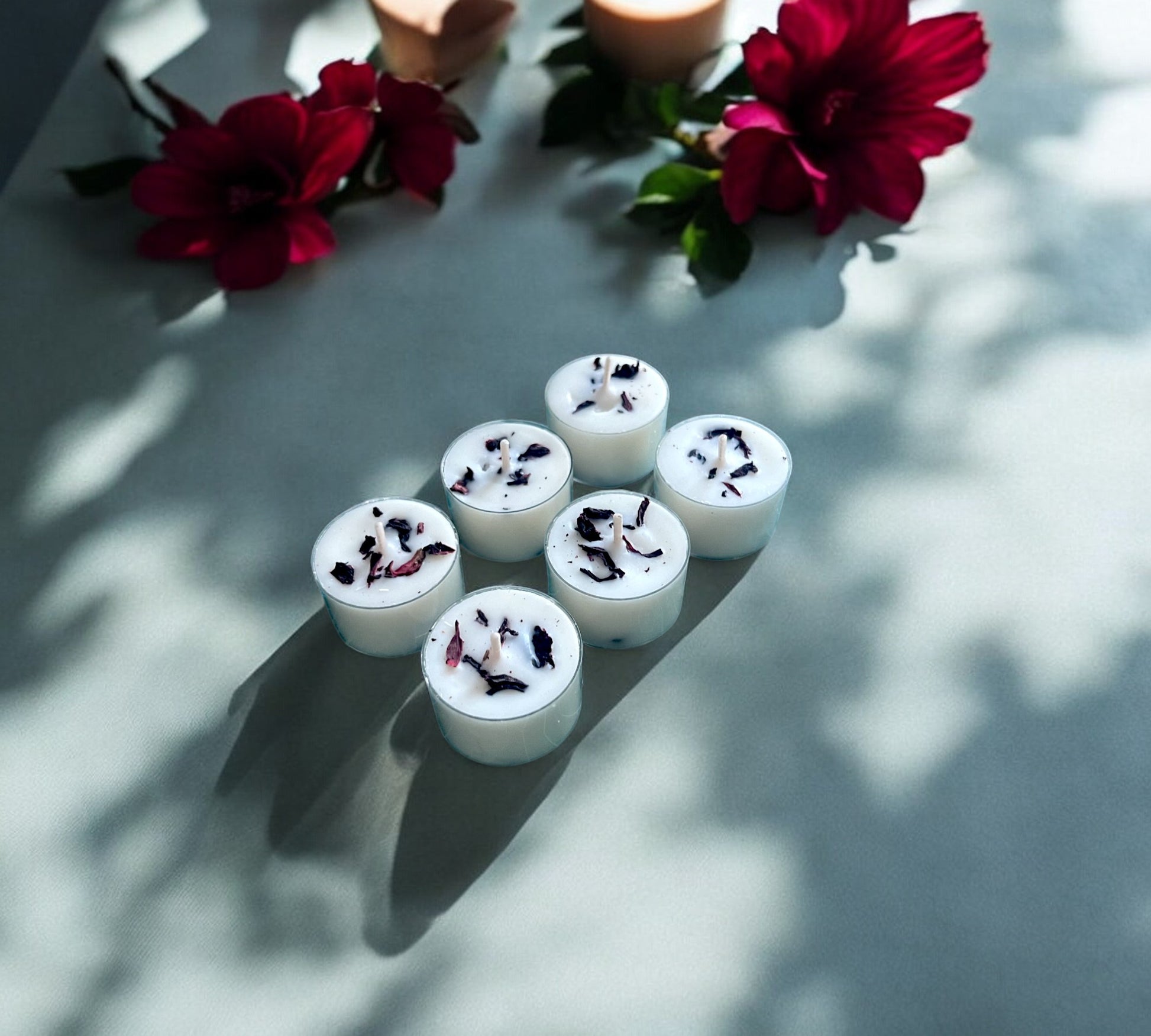 12 Dried Hibiscus Flowers Aromatherapy Tealights | Mineral Wax Botanical Candles - Scented_Burn