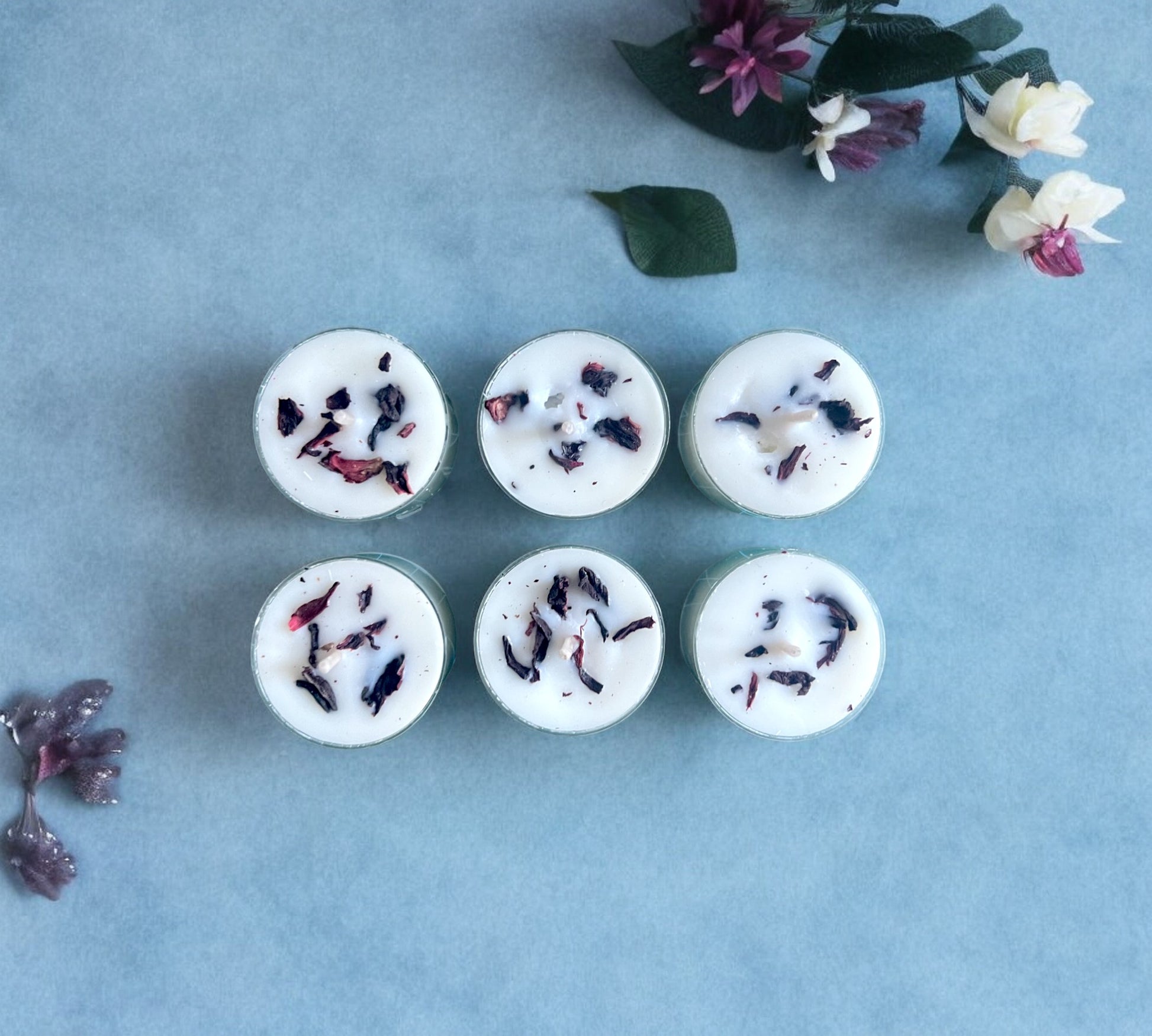 12 Dried Hibiscus Flowers Scented Tealights | Coconut & Soy Botanical Candles - Scented_Burn