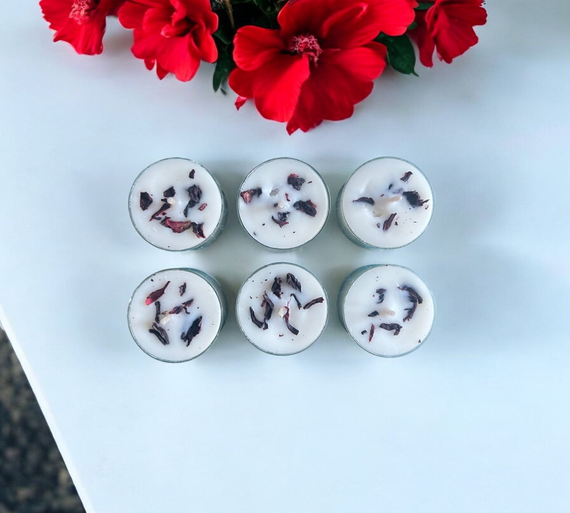 2 Dried Hibiscus Flowers Aromatherapy Tealights | Mineral Wax Botanical Candles - Scented_Burn