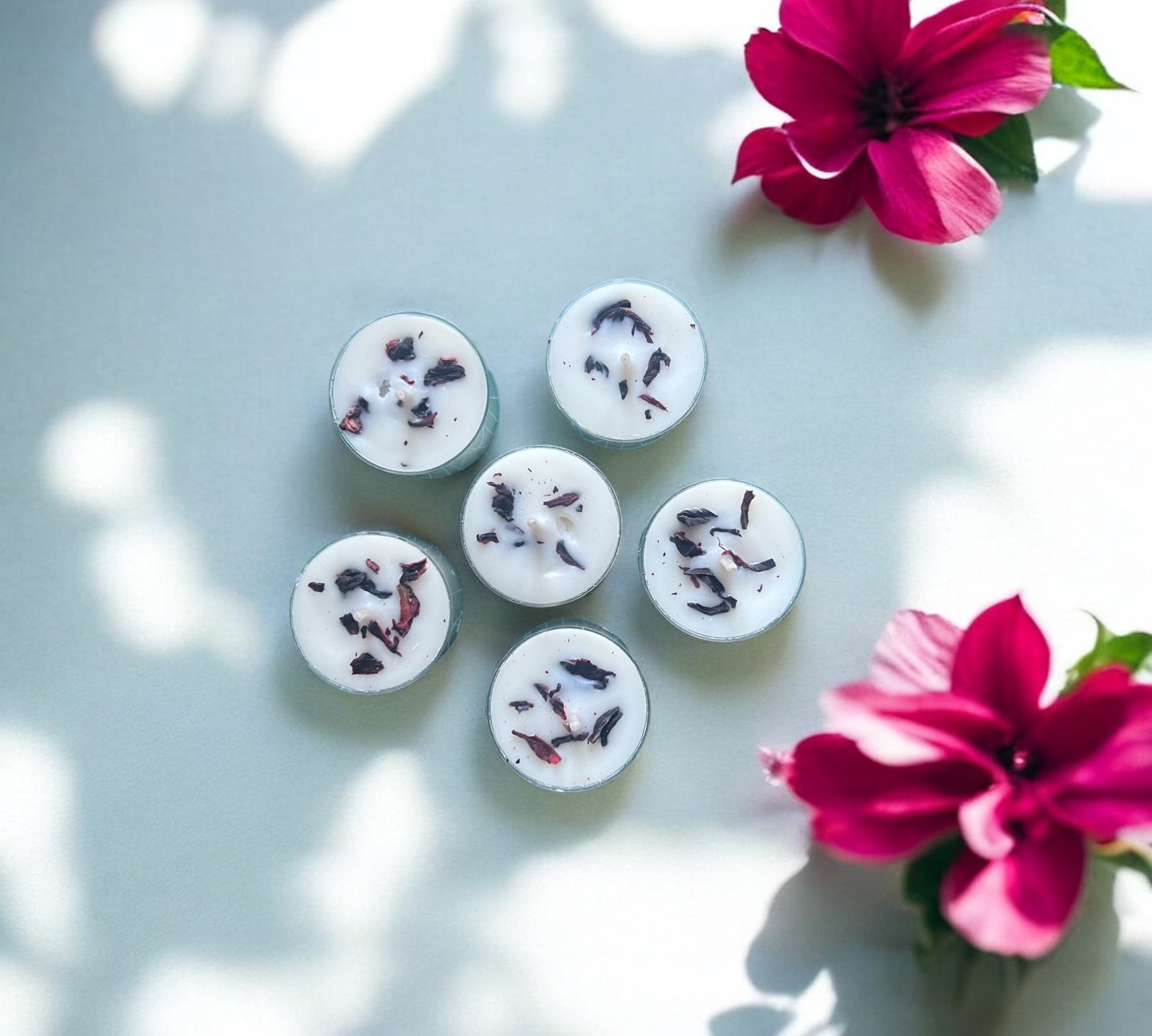 12 Dried Hibiscus Flowers Aromatherapy Tealights | Coconut & Rapeseed Botanical Candles - Scented_Burn