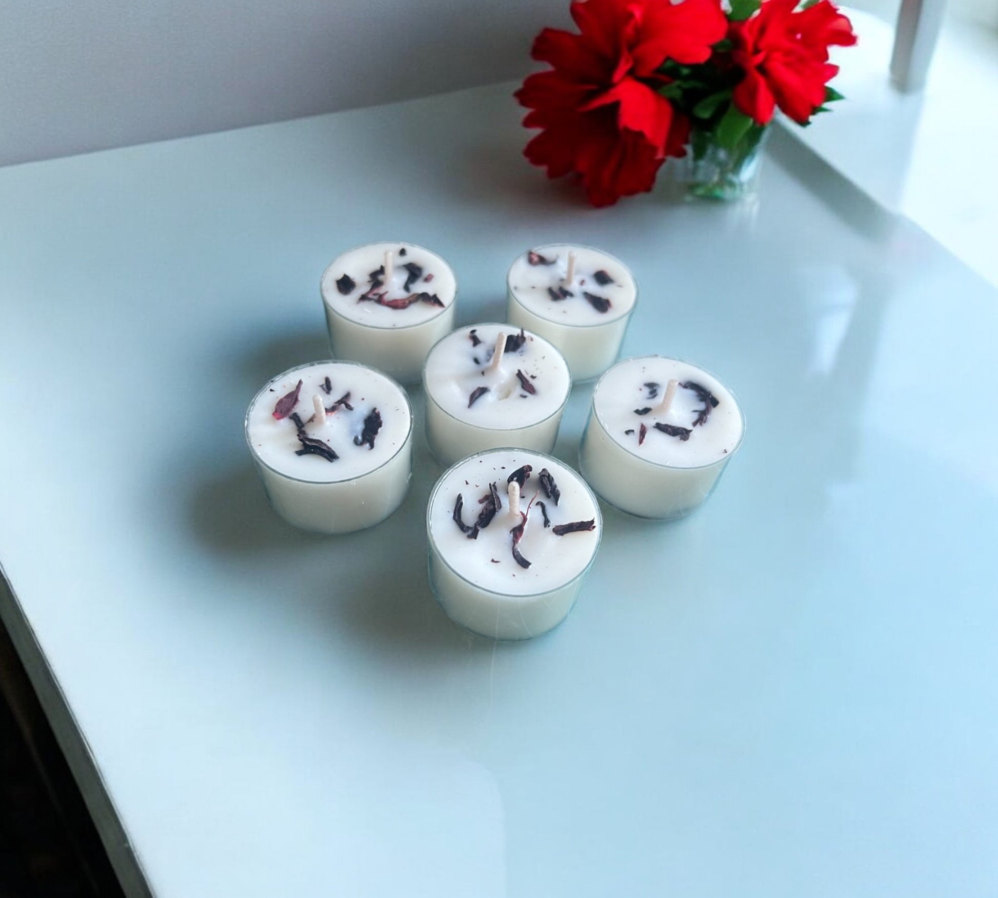 2 Dried Hibiscus Flowers Aromatherapy Tealights | Mineral Wax Botanical Candles - Scented_Burn