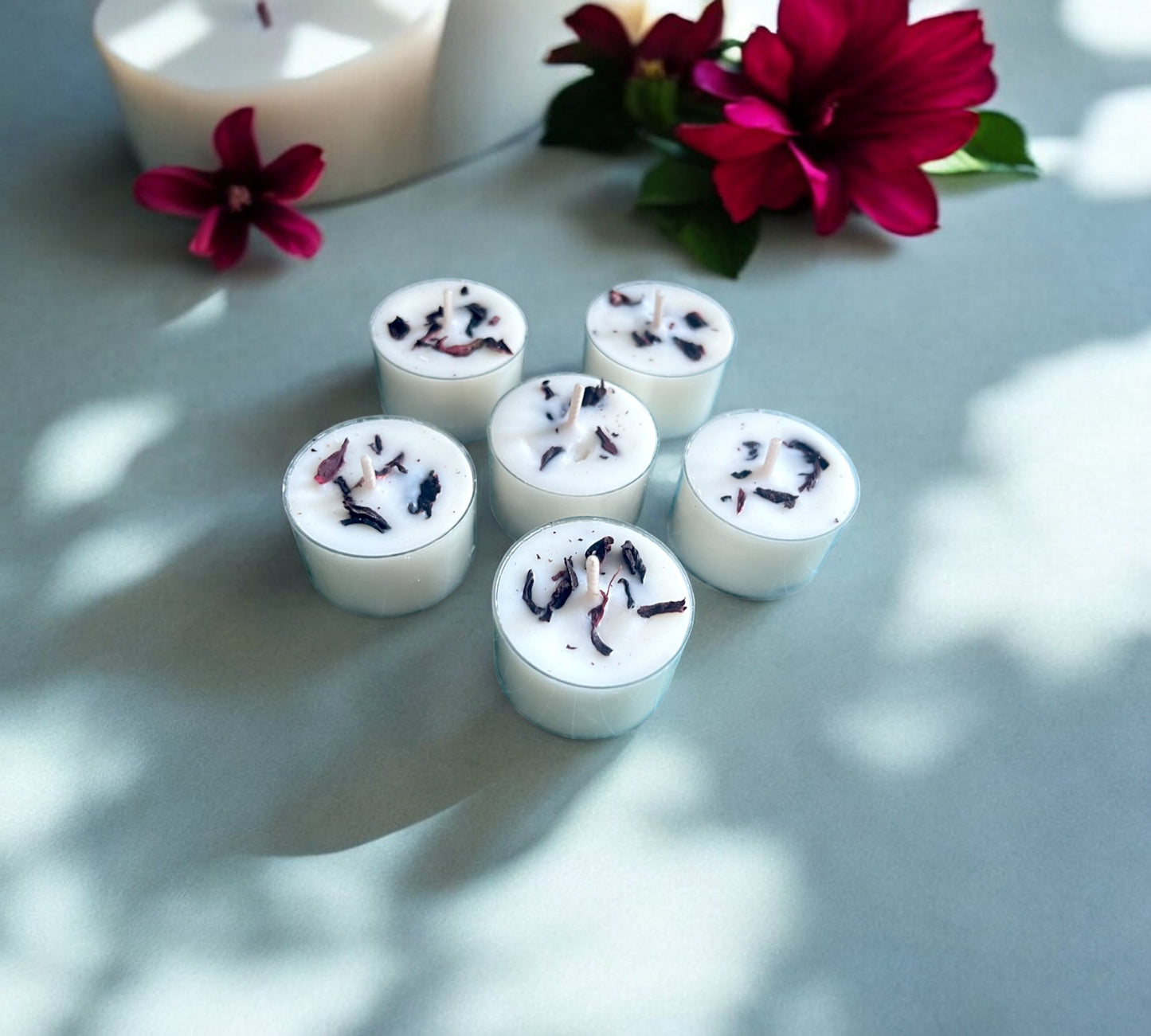12 Dried Hibiscus Flowers Aromatherapy Tealights | Mineral Wax Botanical Candles - Scented_Burn