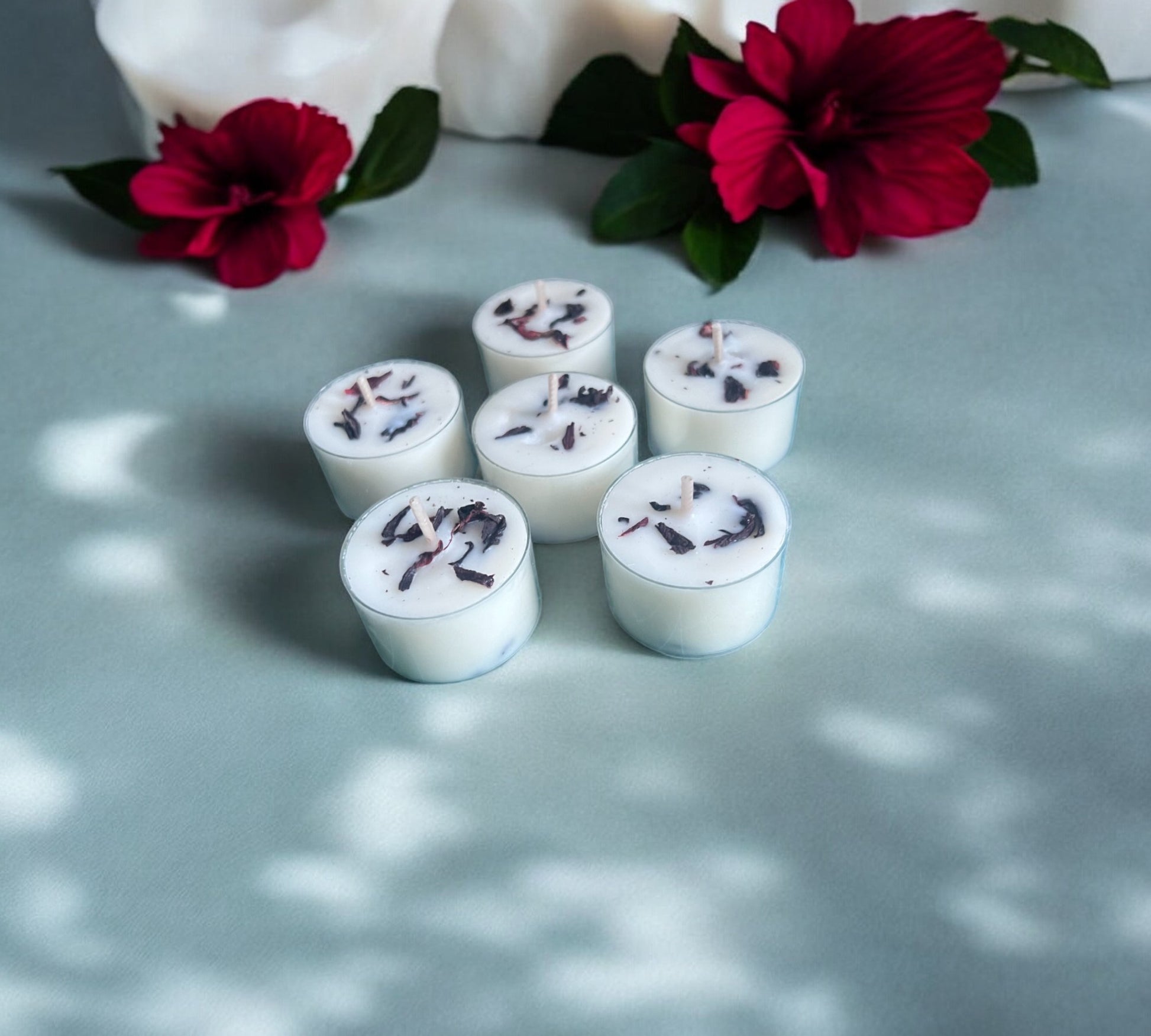 12 Dried Hibiscus Flowers Aromatherapy Tealights | Coconut & Soy Botanical Candles - Scented_Burn