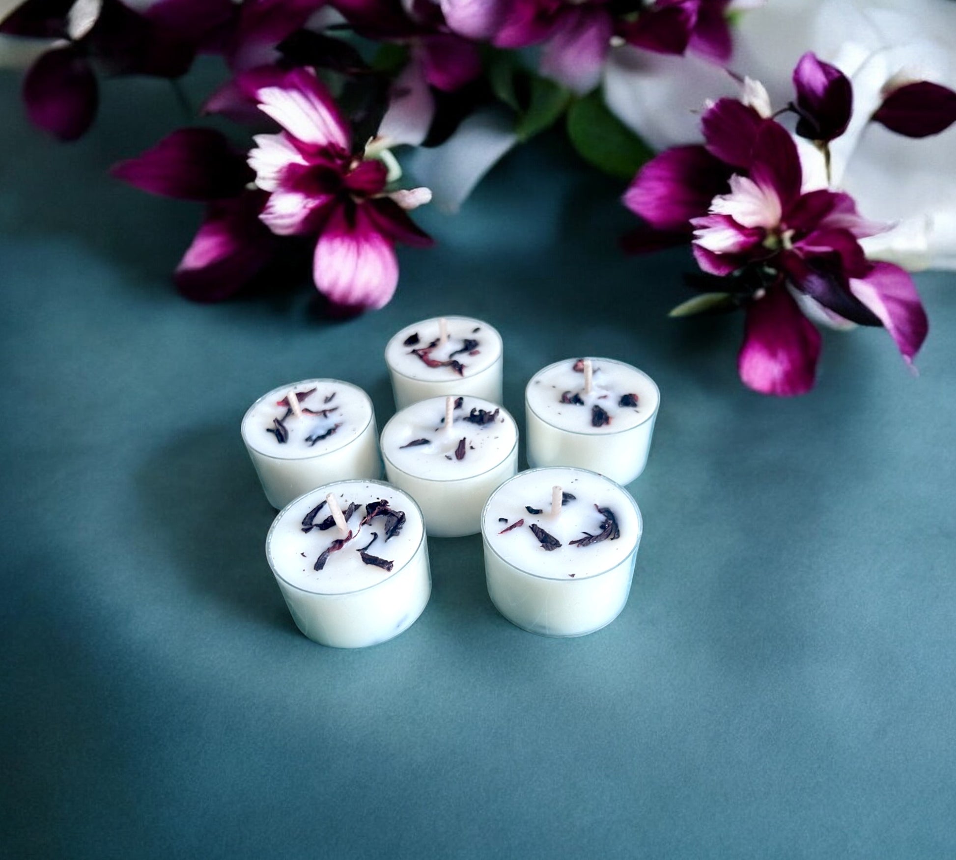 12 Dried Hibiscus Flowers Scented Tealights | Coconut & Soy Botanical Candles - Scented_Burn