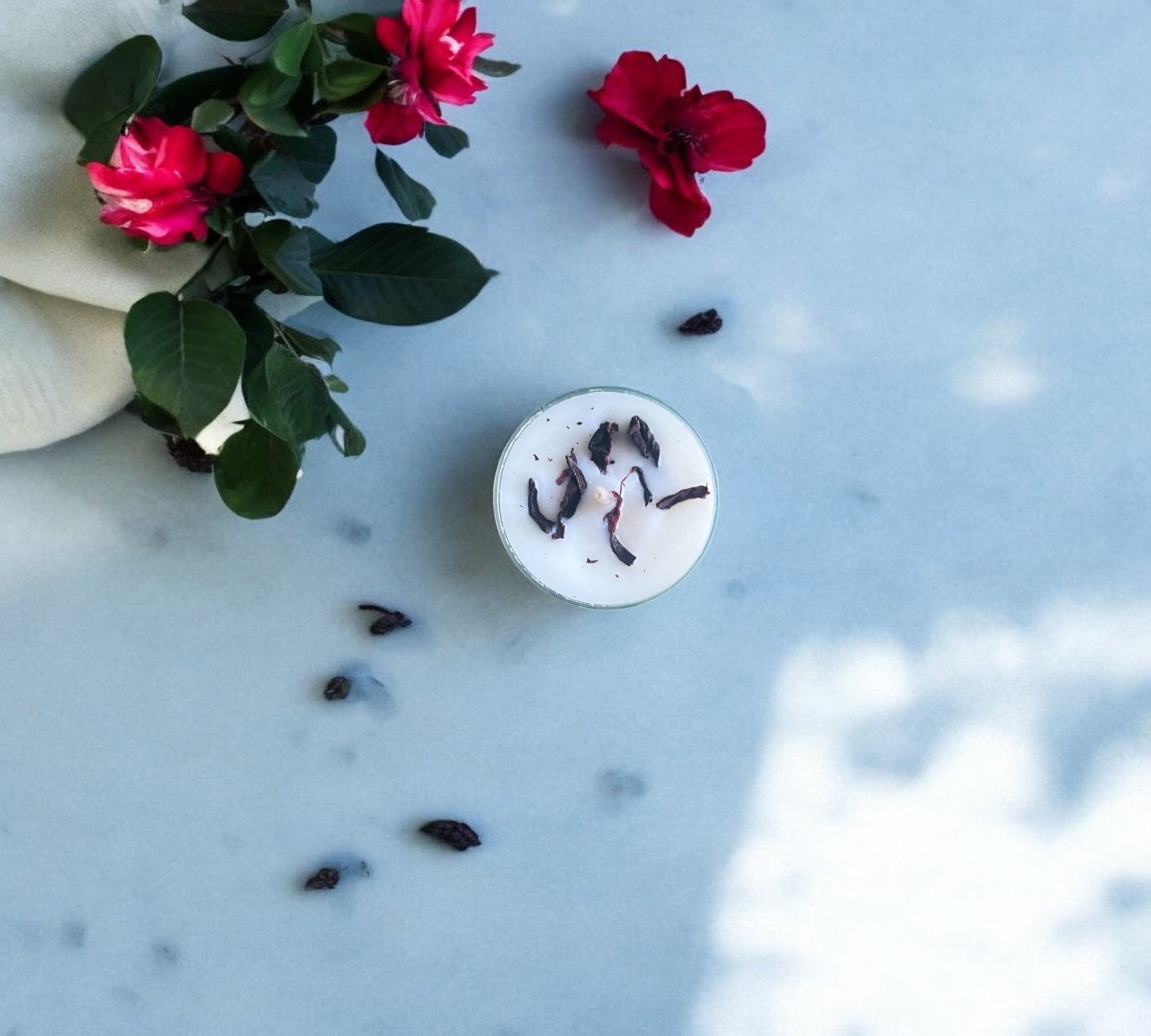 12 Dried Hibiscus Flowers Scented Tealights | Coconut & Soy Botanical Candles - Scented_Burn