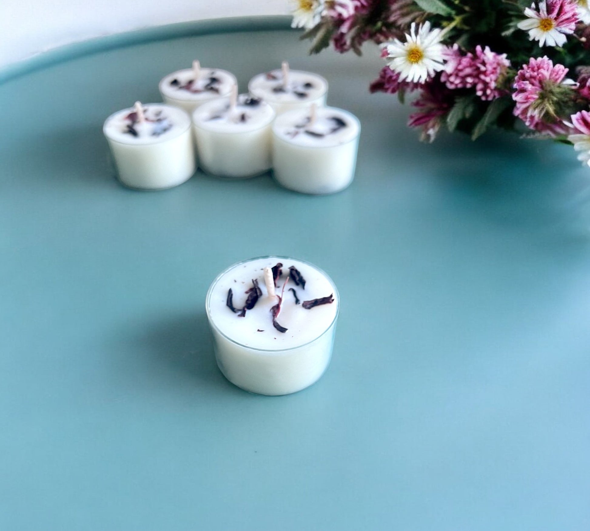 12 Dried Hibiscus Flowers Scented Tealights | Coconut & Soy Botanical Candles - Scented_Burn
