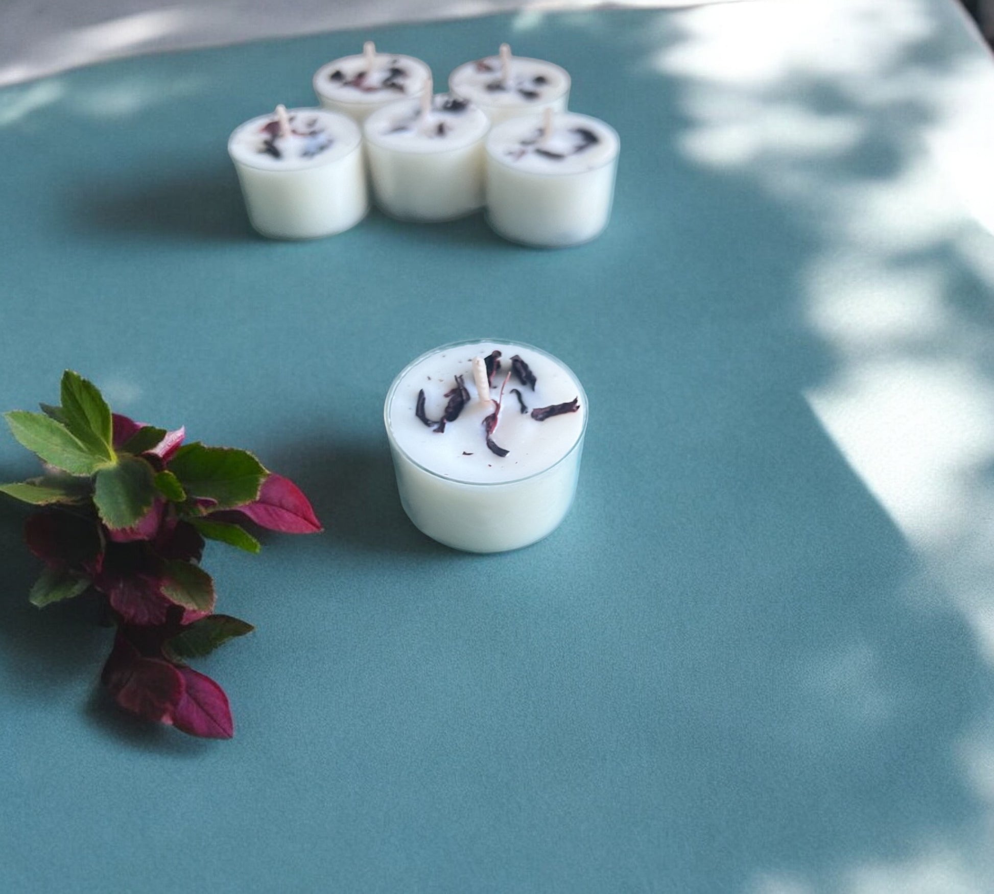 12 Dried Hibiscus Flowers Aromatherapy Tealights | Coconut & Soy Botanical Candles - Scented_Burn