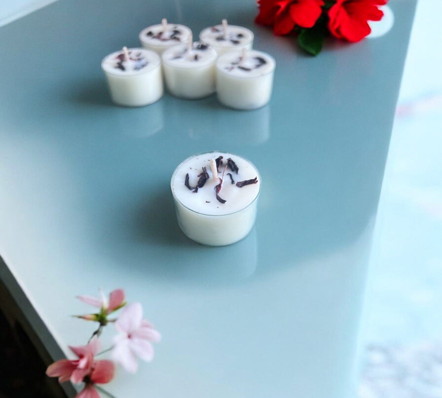 2 Dried Hibiscus Flowers Aromatherapy Tealights | Mineral Wax Botanical Candles - Scented_Burn