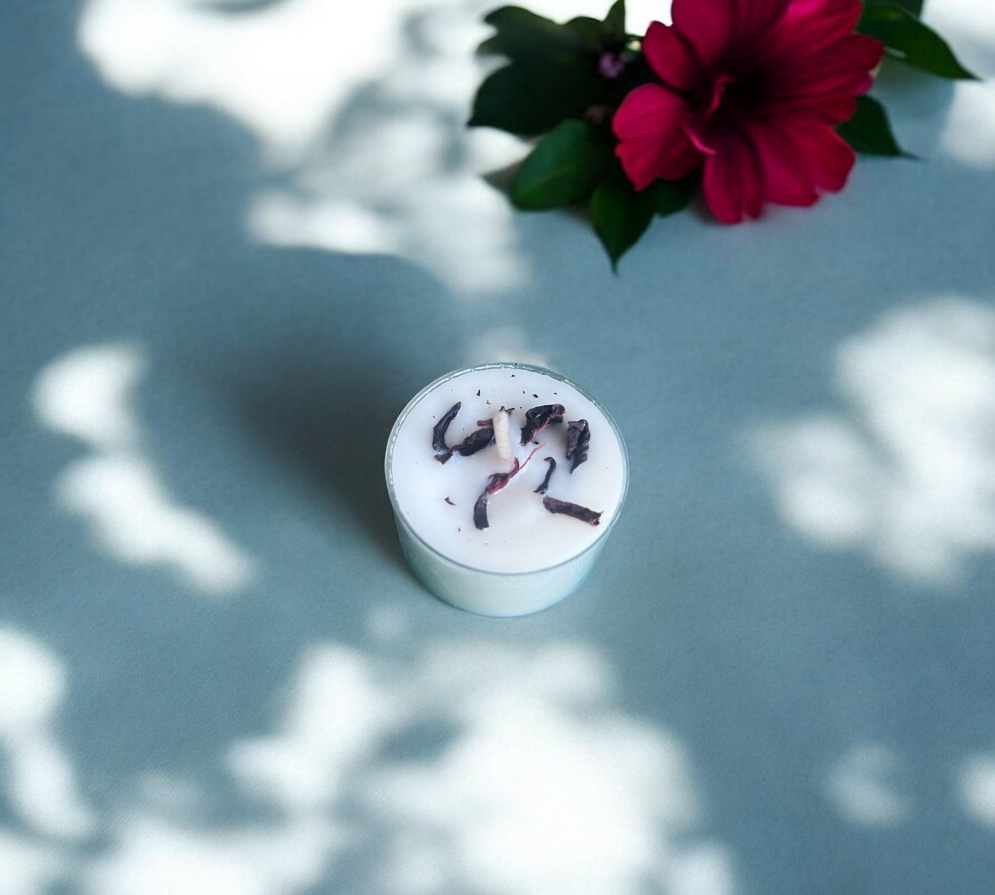 12 Dried Hibiscus Flowers Aromatherapy Tealights | Coconut & Rapeseed Botanical Candles - Scented_Burn