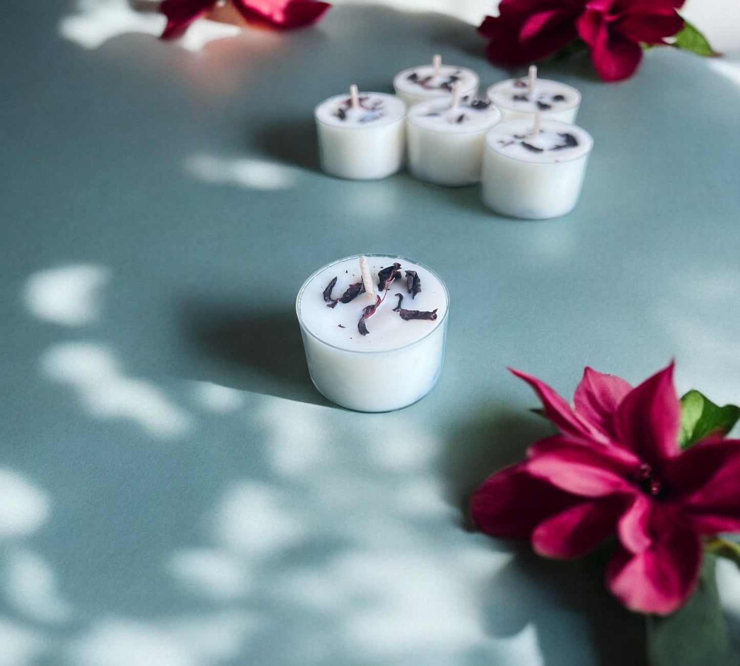 12 Dried Hibiscus Flowers Aromatherapy Tealights | Coconut & Rapeseed Botanical Candles - Scented_Burn