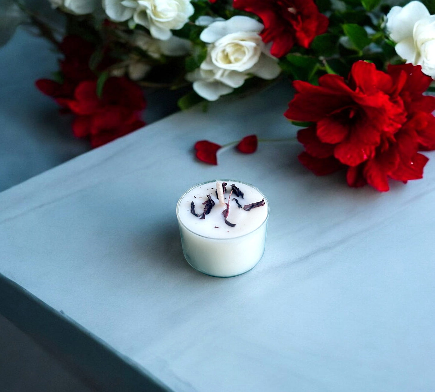 12 Dried Hibiscus Flowers Scented Tealights | Coconut & Soy Botanical Candles - Scented_Burn