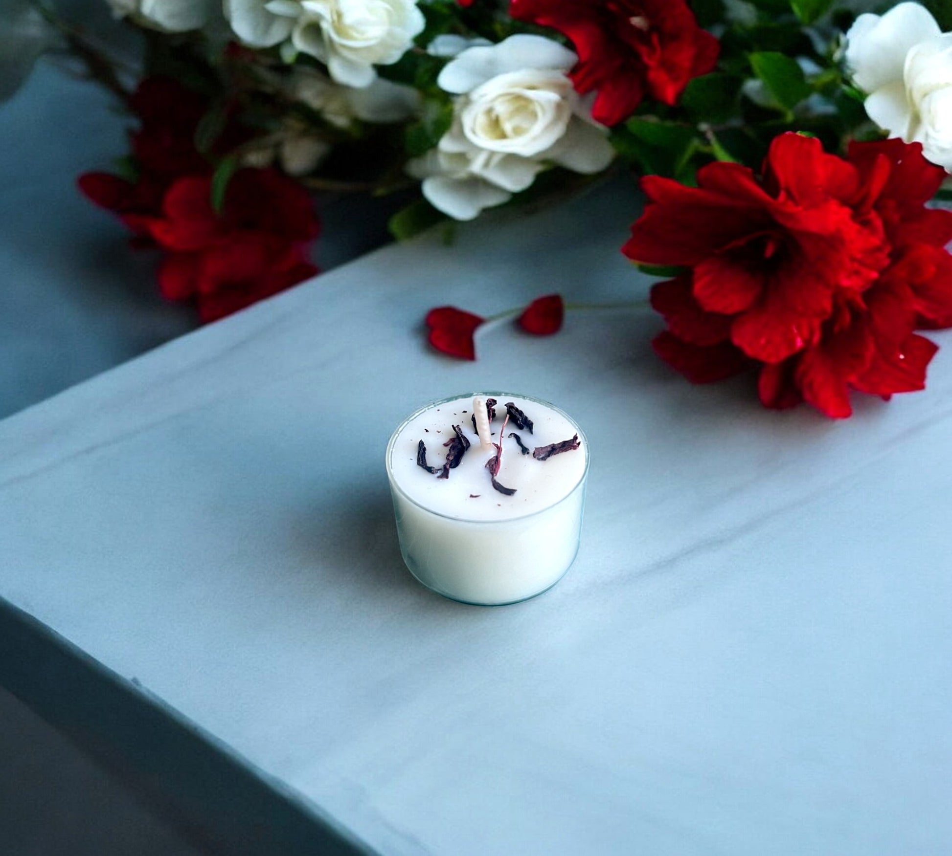12 Dried Hibiscus Flowers Scented Tealights | Coconut & Soy Botanical Candles - Scented_Burn
