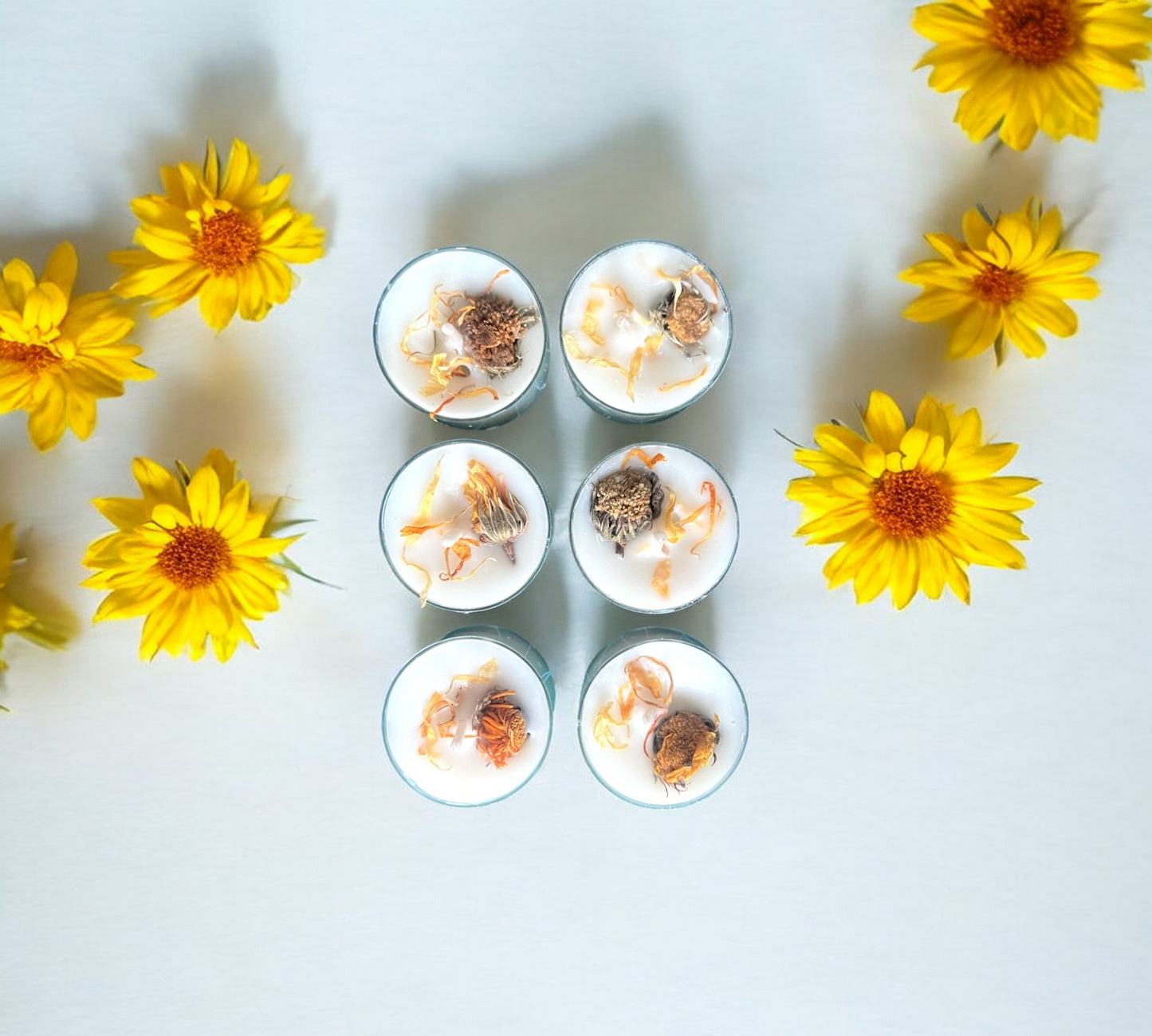 6 Dried Marigold Flowers Aromatherapy Tealights | Mineral Wax Botanical Candles - Scented_Burn