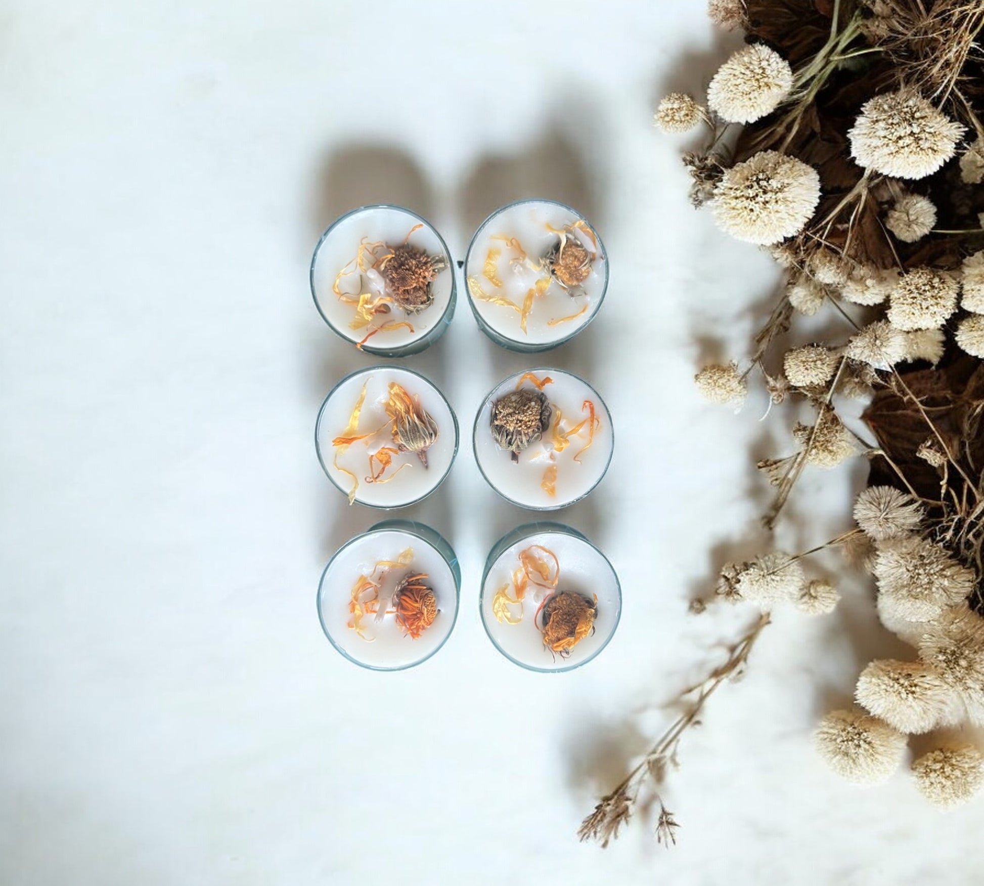 12 Dried Marigold Flowers Aromatherapy Tealights | Mineral Wax Botanical Candles - Scented_Burn
