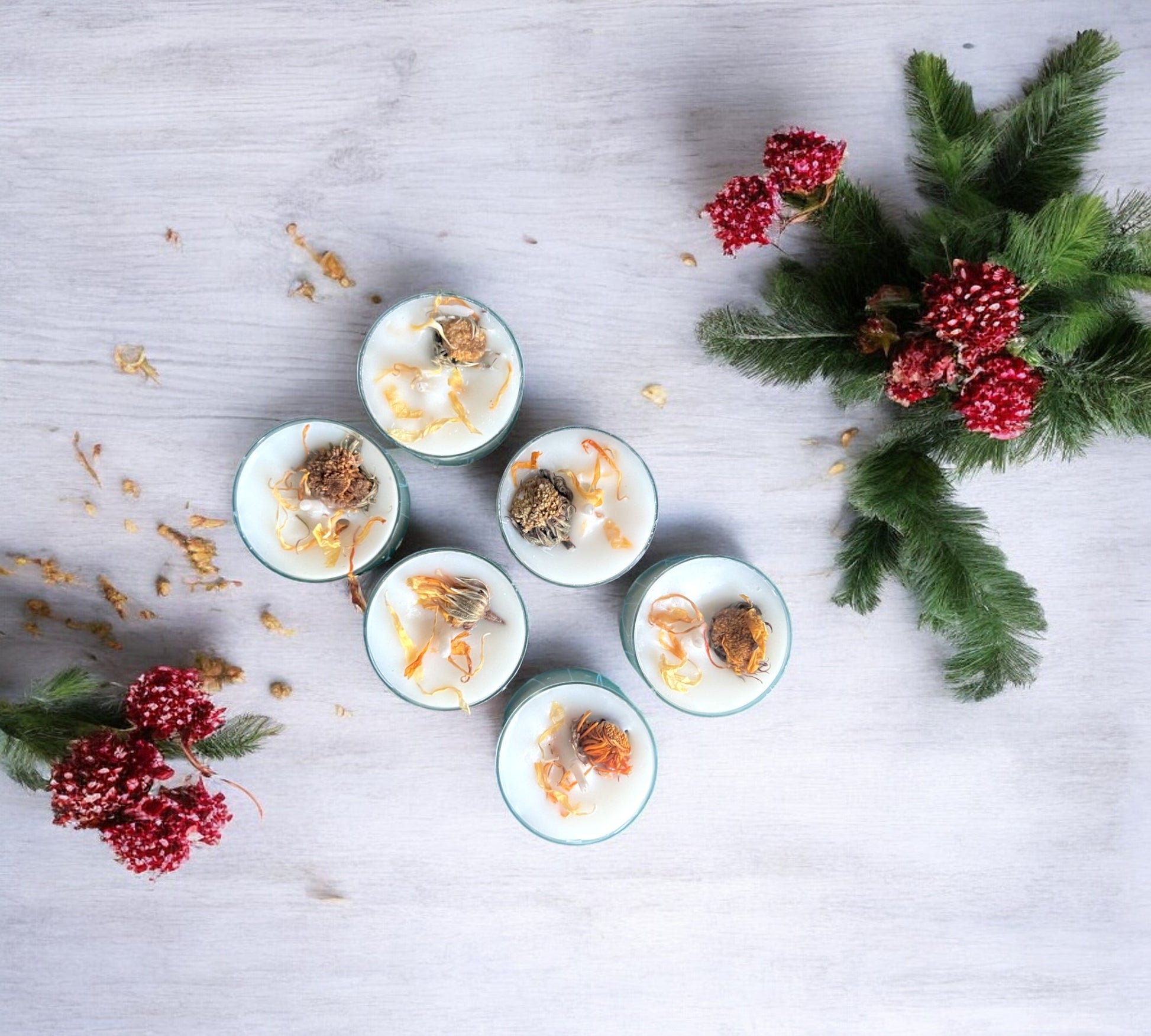 2 Dried Marigold Flowers Aromatherapy Tealights | Coconut & Rapeseed Botanical Candles - Scented_Burn
