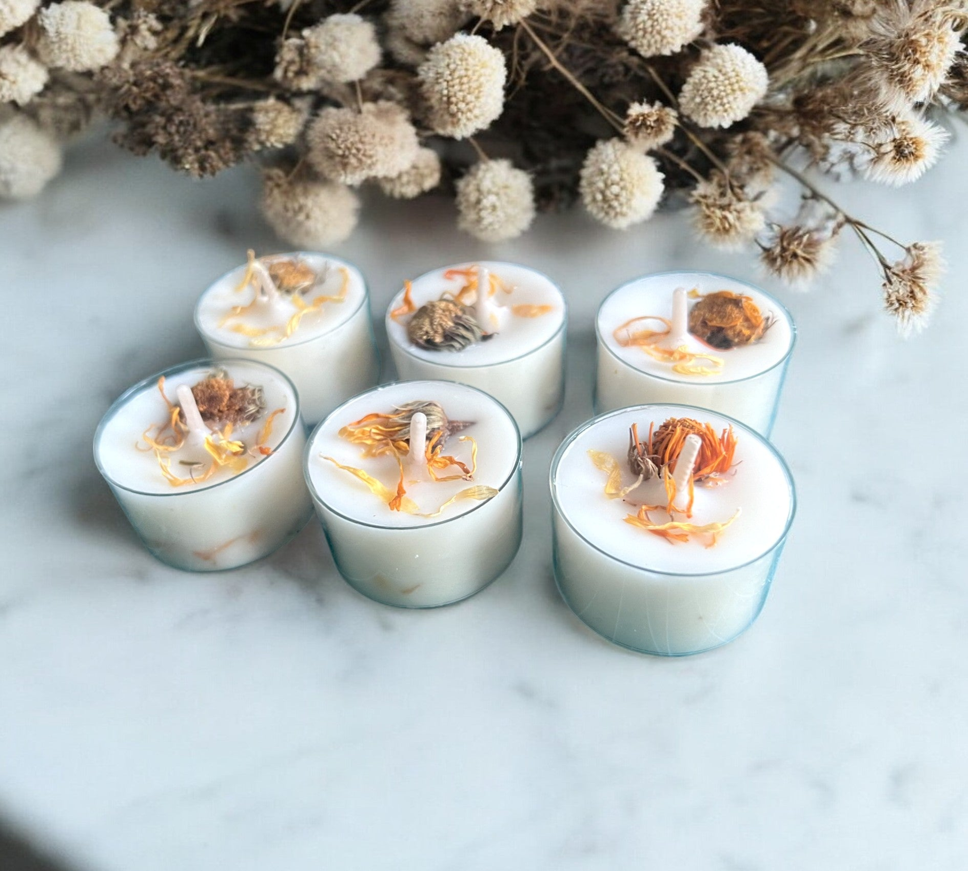 12 Dried Marigold Flowers Aromatherapy Tealights | Mineral Wax Botanical Candles - Scented_Burn