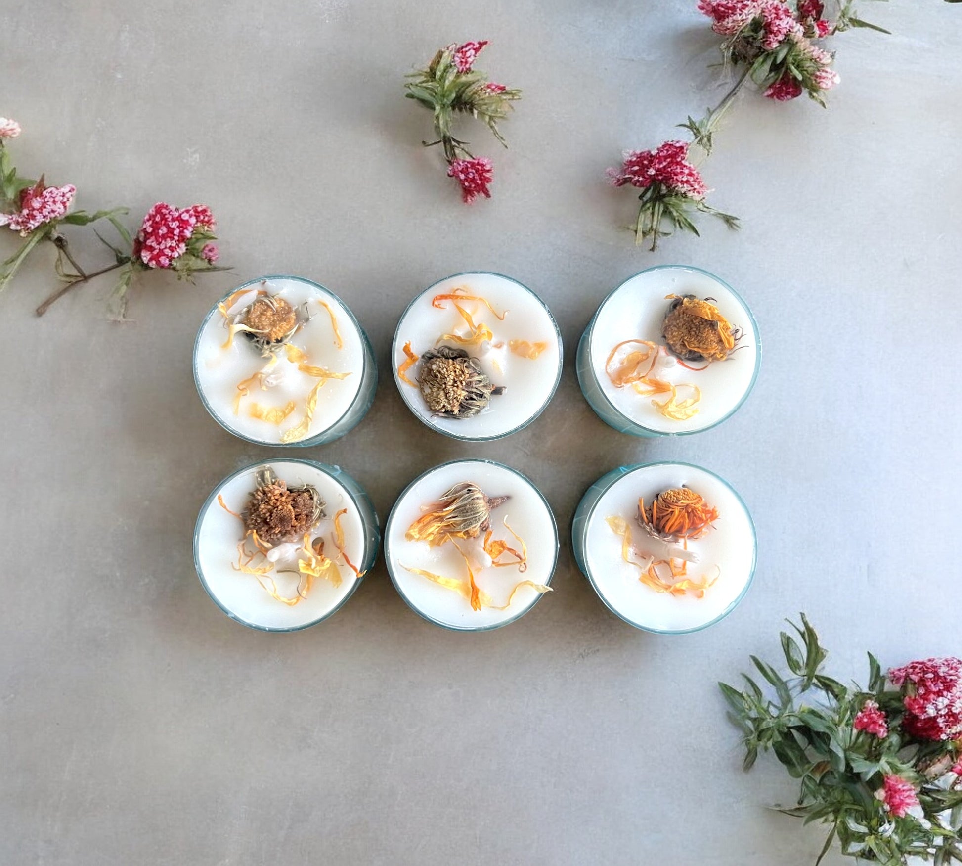 2 Dried Marigold Flowers Aromatherapy Tealights | Mineral Wax Botanical Candles - Scented_Burn