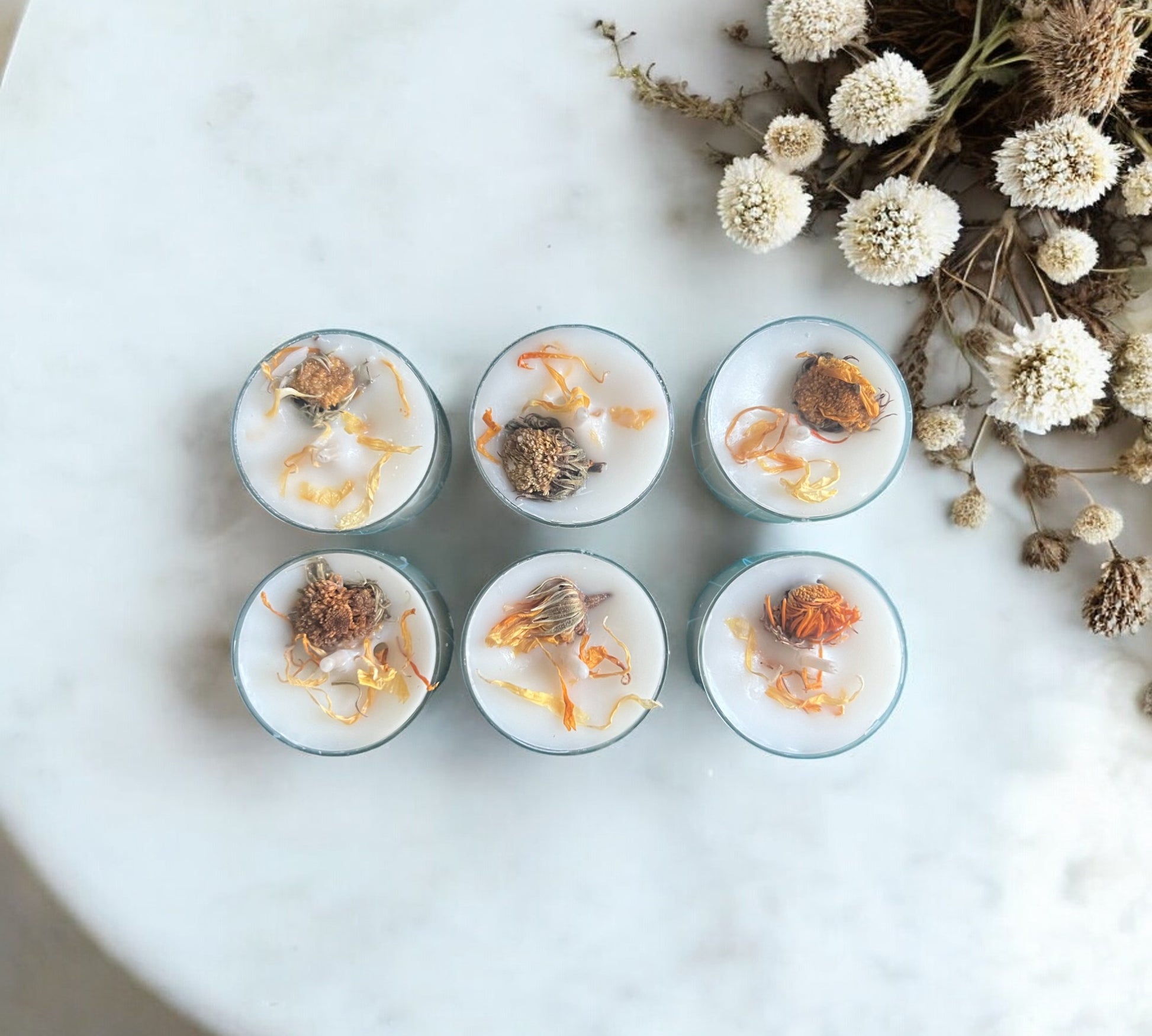12 Dried Marigold Flowers Aromatherapy Tealights | Mineral Wax Botanical Candles - Scented_Burn
