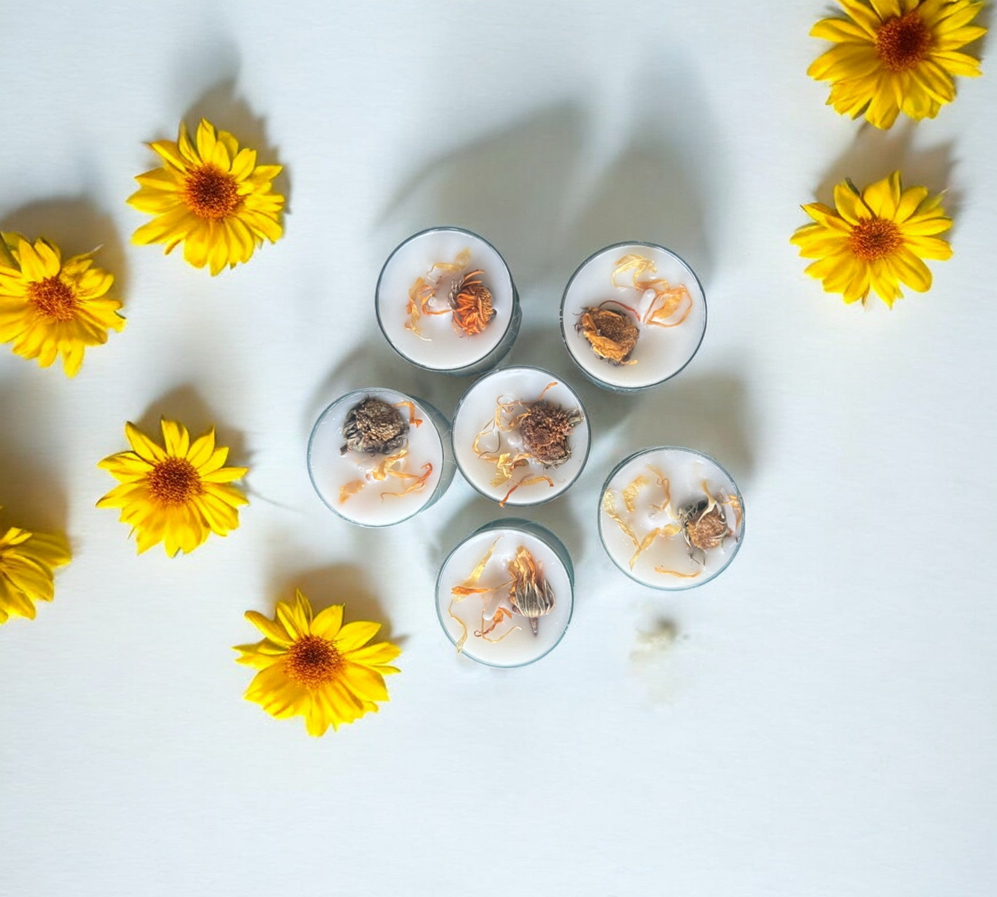 6 Dried Marigold Flowers Aromatherapy Tealights | Mineral Wax Botanical Candles - Scented_Burn