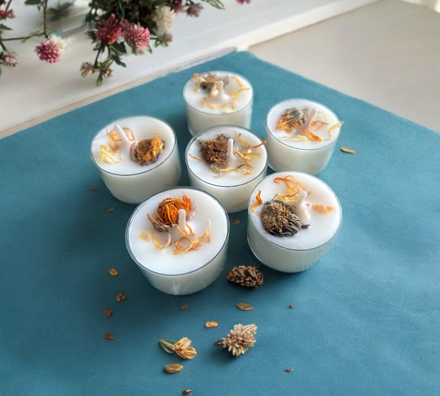 2 Dried Marigold Flowers Aromatherapy Tealights | Coconut & Soy Botanical Candles - Scented_Burn