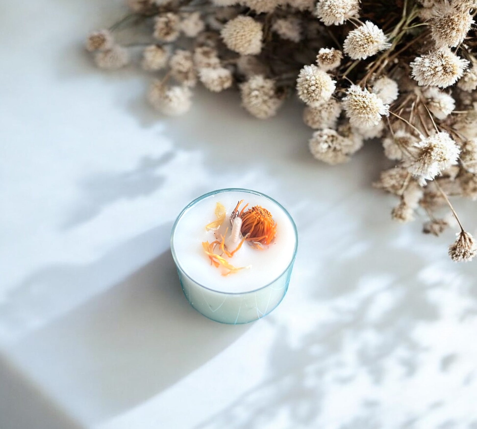 12 Dried Marigold Flowers Aromatherapy Tealights | Mineral Wax Botanical Candles - Scented_Burn