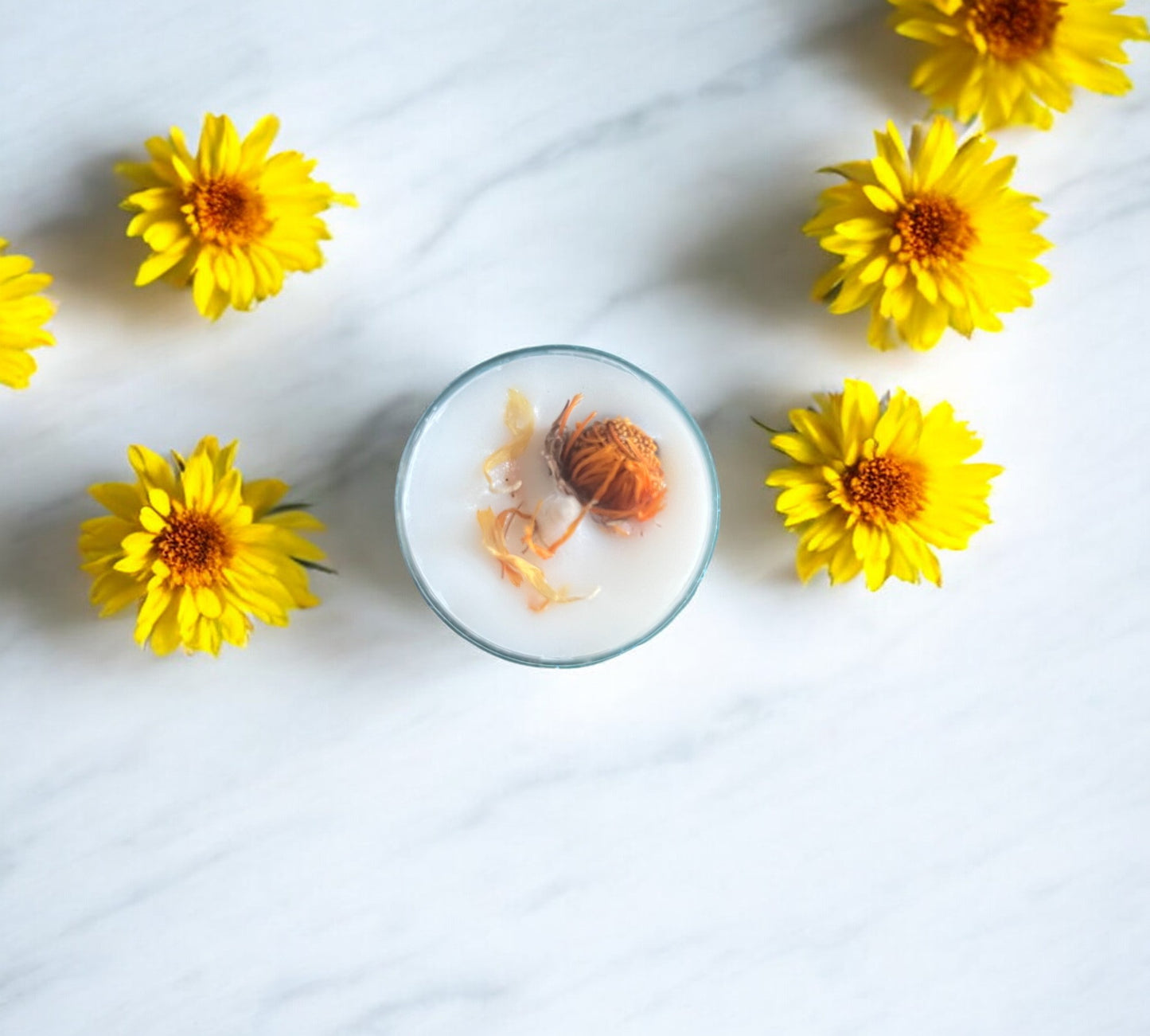 6 Dried Marigold Flowers Aromatherapy Tealights | Mineral Wax Botanical Candles - Scented_Burn