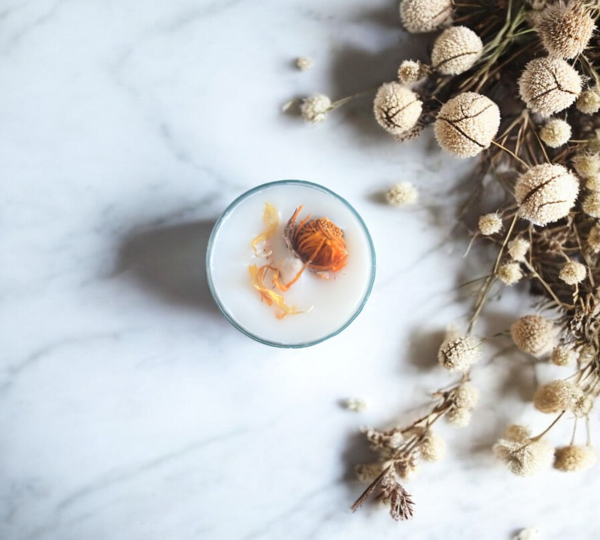12 Dried Marigold Flowers Aromatherapy Tealights | Mineral Wax Botanical Candles - Scented_Burn
