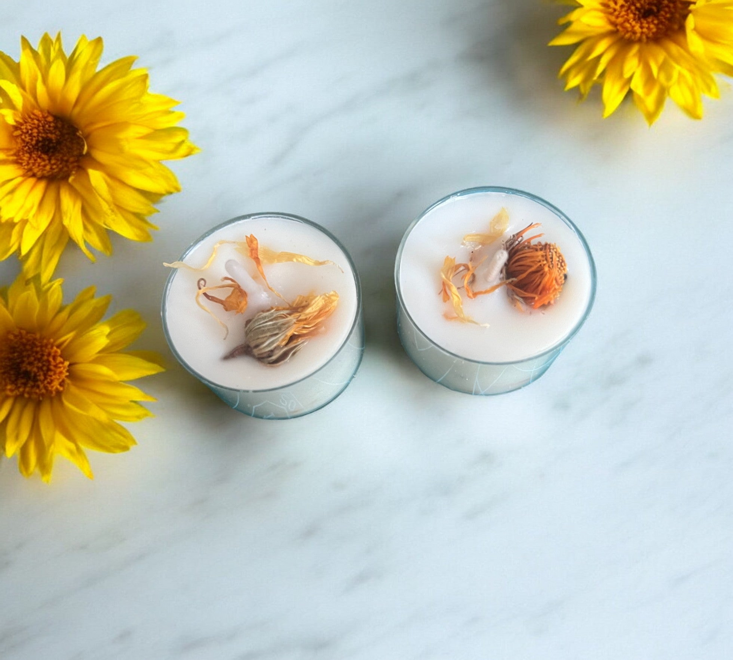 6 Dried Marigold Flowers Aromatherapy Tealights | Mineral Wax Botanical Candles - Scented_Burn