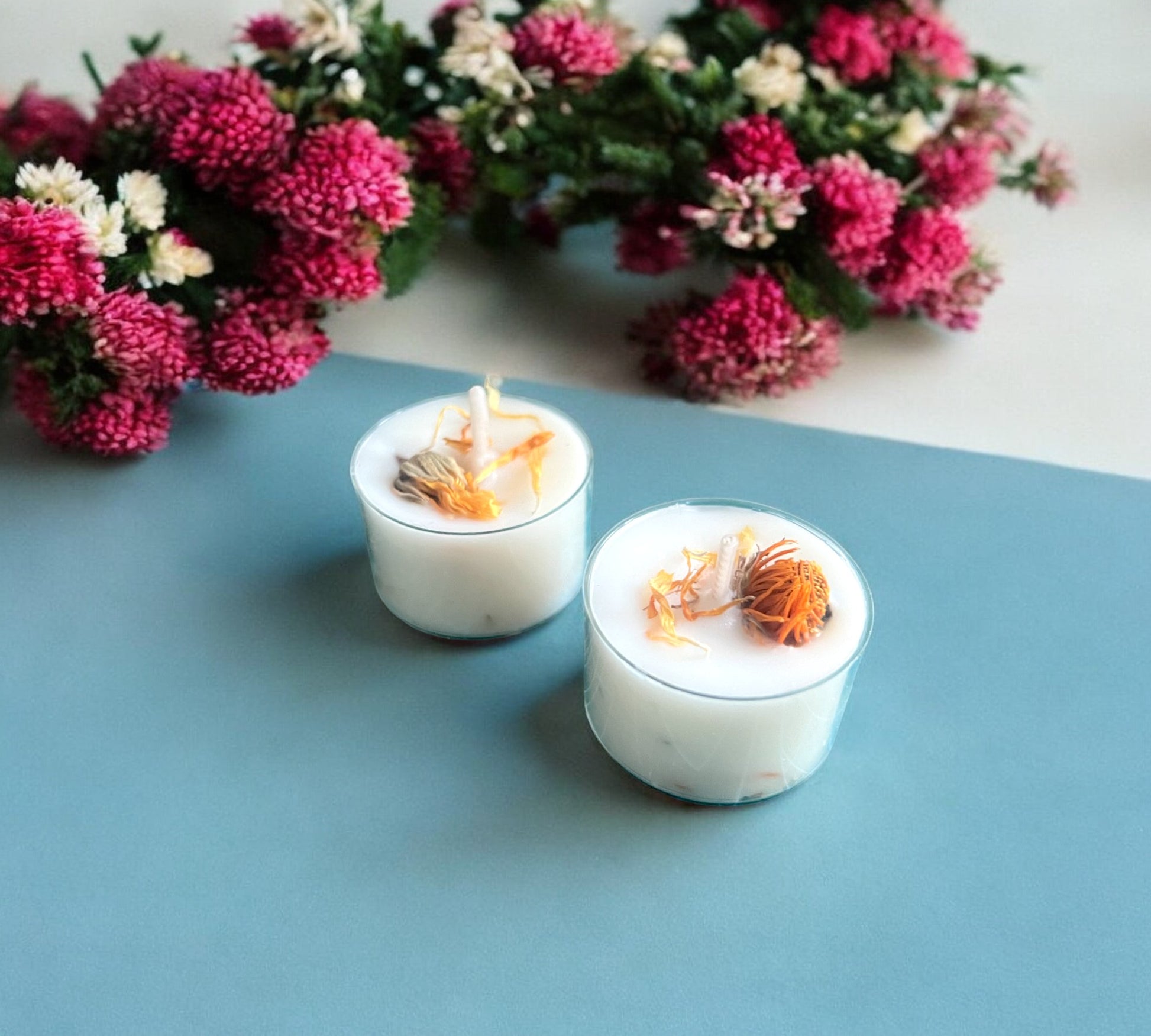 2 Dried Marigold Flowers Aromatherapy Tealights | Coconut & Rapeseed Botanical Candles - Scented_Burn