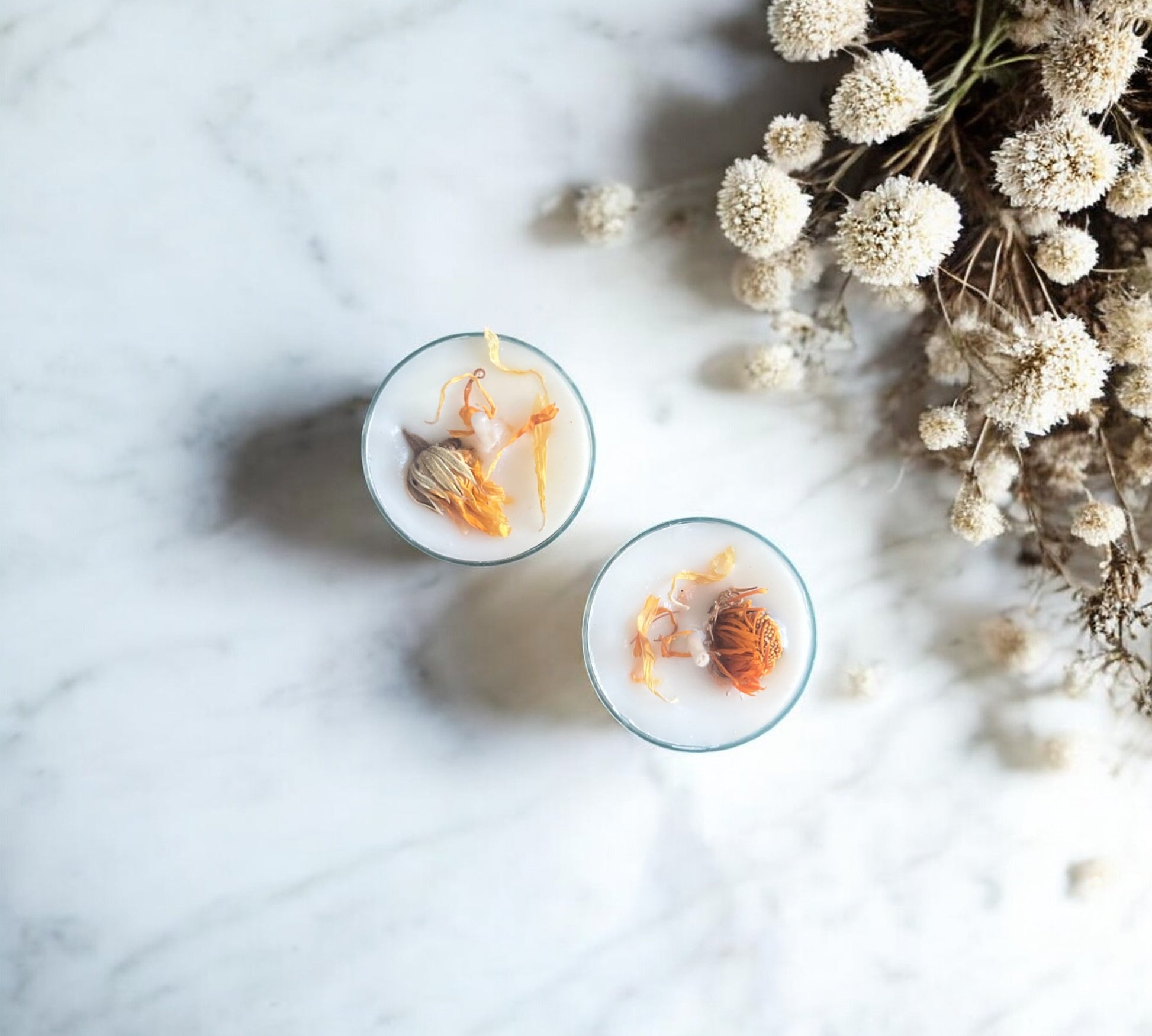 12 Dried Marigold Flowers Aromatherapy Tealights | Mineral Wax Botanical Candles - Scented_Burn