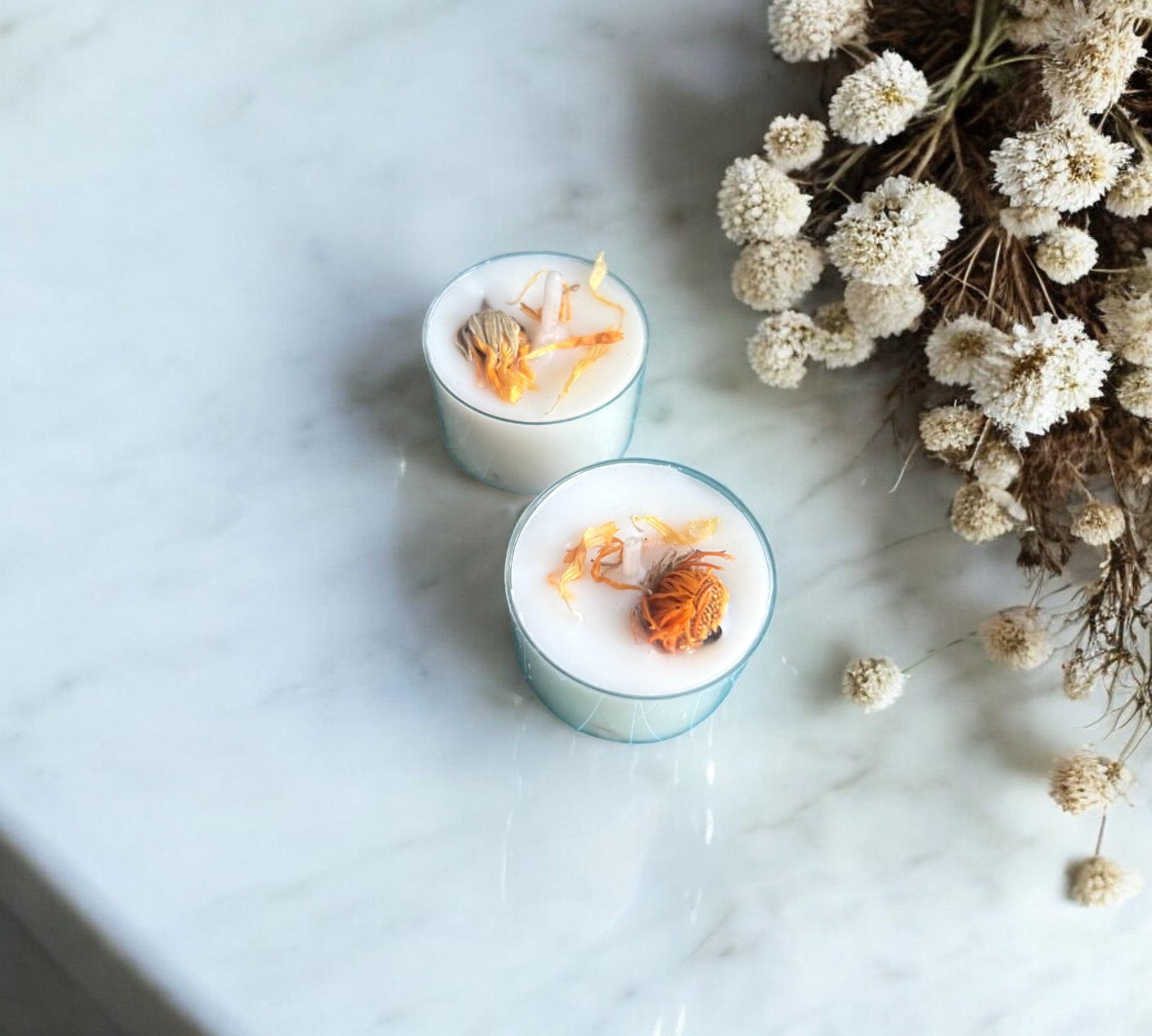 12 Dried Marigold Flowers Aromatherapy Tealights | Mineral Wax Botanical Candles - Scented_Burn