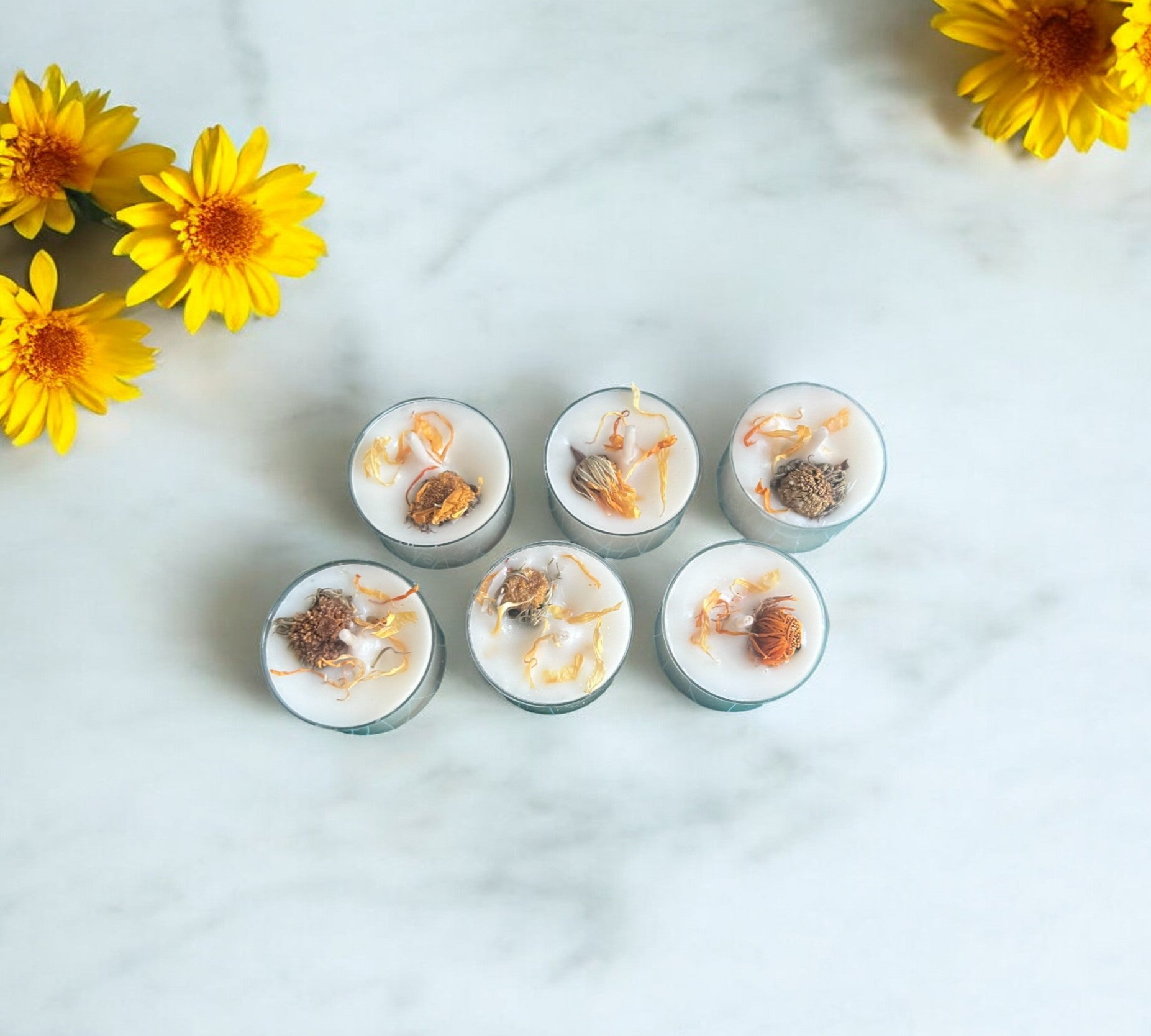 6 Dried Marigold Flowers Aromatherapy Tealights | Mineral Wax Botanical Candles - Scented_Burn