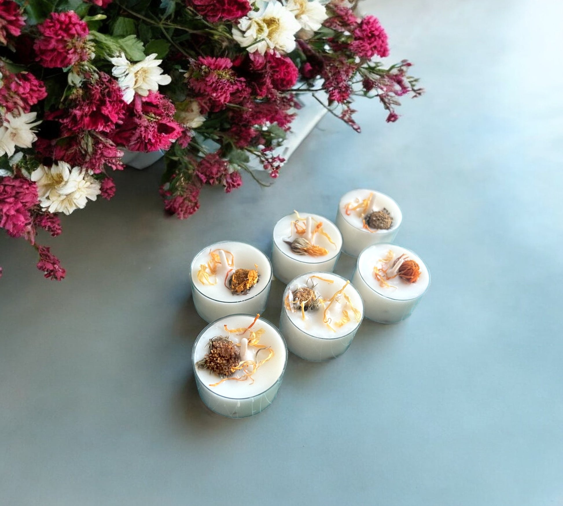 2 Dried Marigold Flowers Aromatherapy Tealights | Coconut & Rapeseed Botanical Candles - Scented_Burn