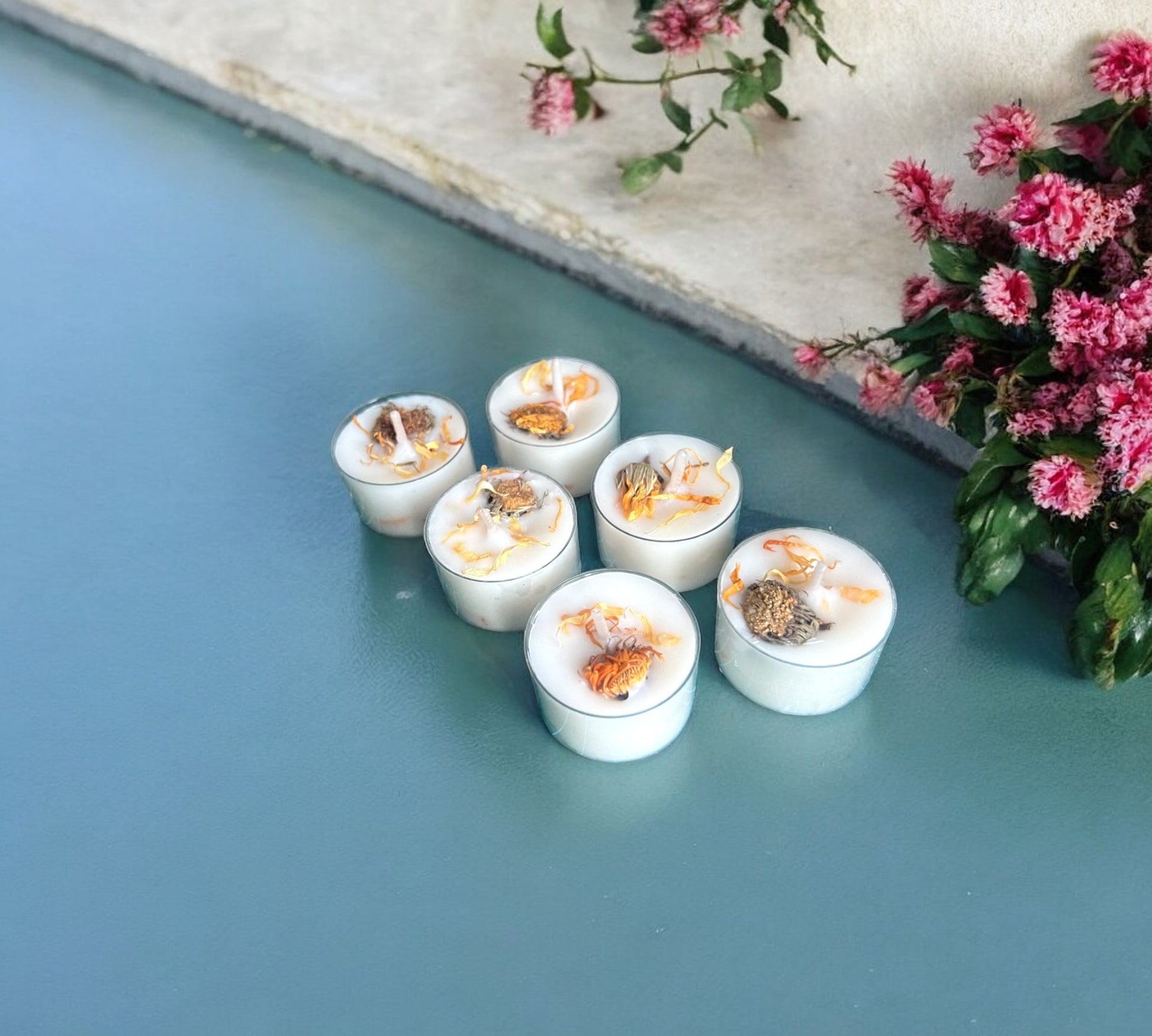2 Dried Marigold Flowers Aromatherapy Tealights | Coconut & Soy Botanical Candles - Scented_Burn