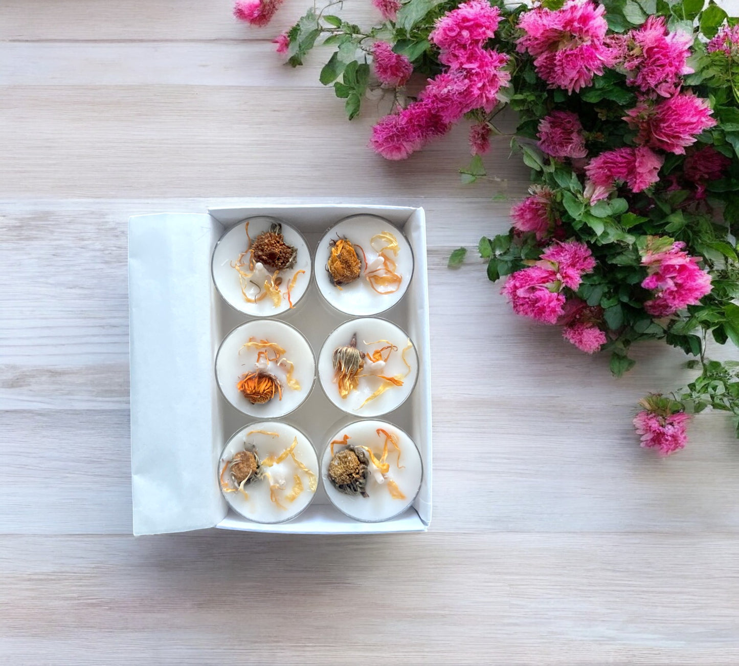 2 Dried Marigold Flowers Aromatherapy Tealights | Mineral Wax Botanical Candles - Scented_Burn