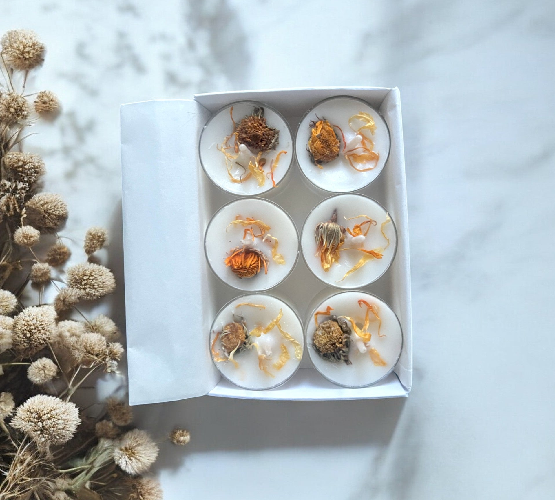 12 Dried Marigold Flowers Aromatherapy Tealights | Mineral Wax Botanical Candles - Scented_Burn