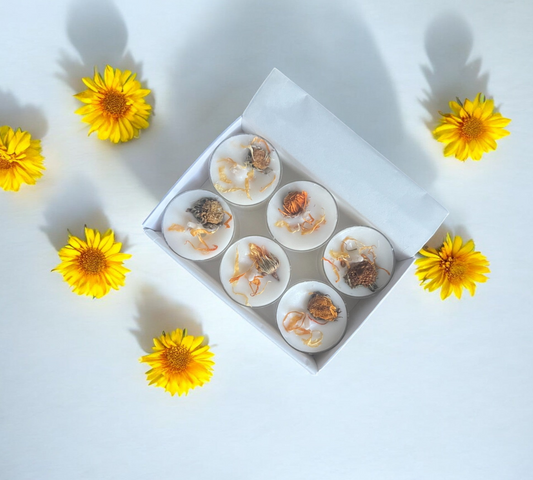 6 Dried Marigold Flowers Aromatherapy Tealights | Mineral Wax Botanical Candles - Scented_Burn