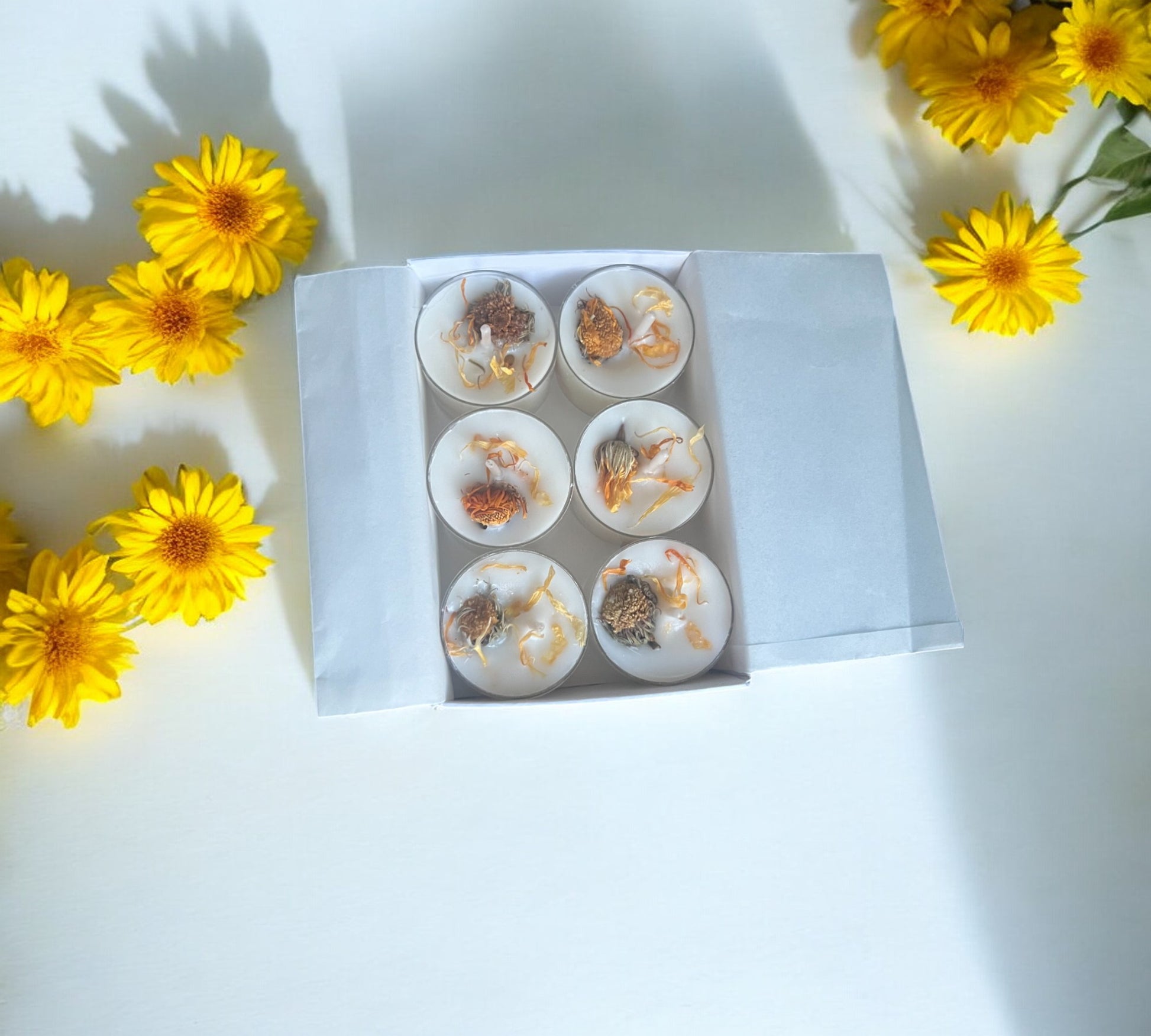 6 Dried Marigold Flowers Aromatherapy Tealights | Coconut & Rapeseed Botanical Candles - Scented_Burn